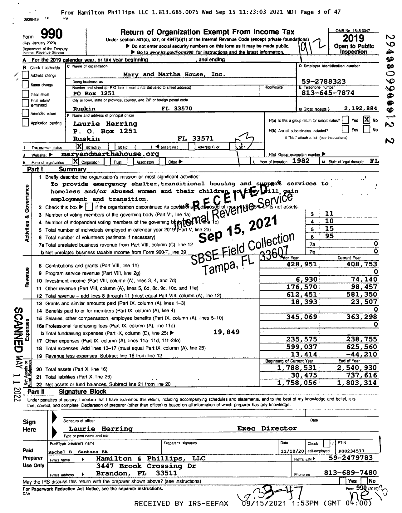 Image of first page of 2019 Form 990 for Mary and Martha House