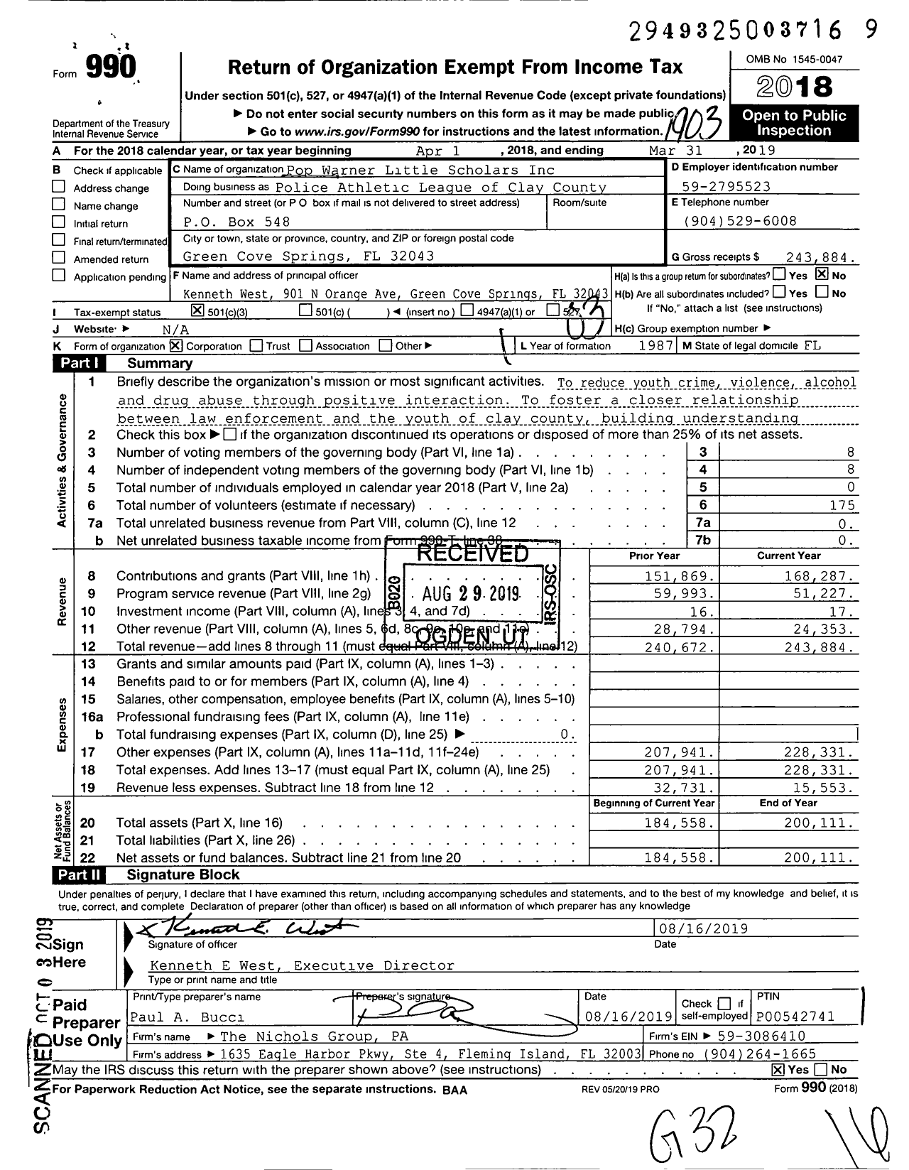 Image of first page of 2018 Form 990 for Police Athletic League of Clay County