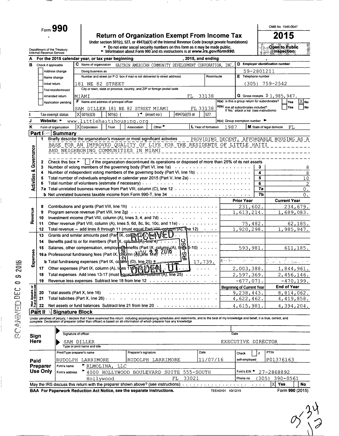 Image of first page of 2015 Form 990 for Little Haiti Housing Association (HACDC)