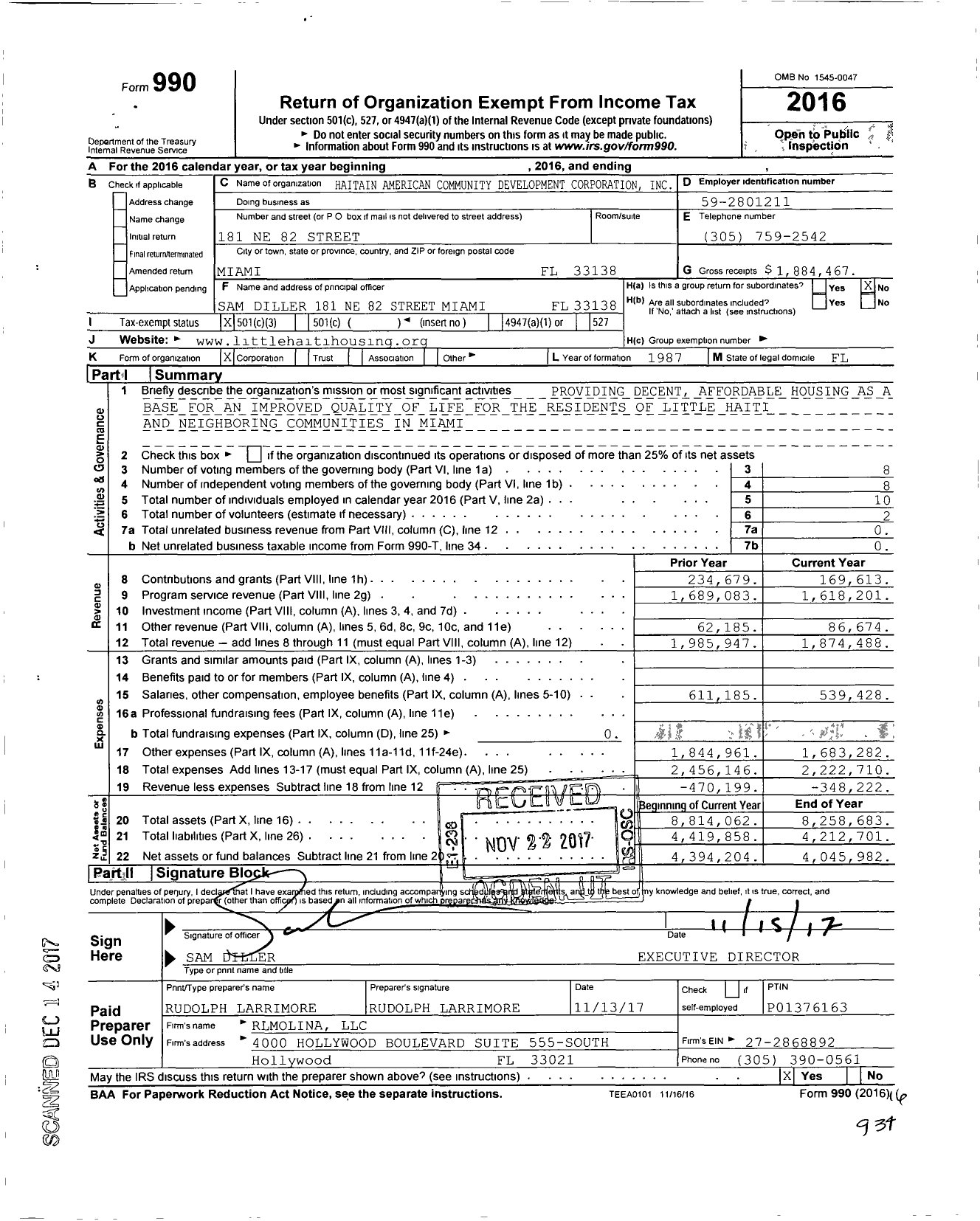 Image of first page of 2016 Form 990 for Little Haiti Housing Association (HACDC)