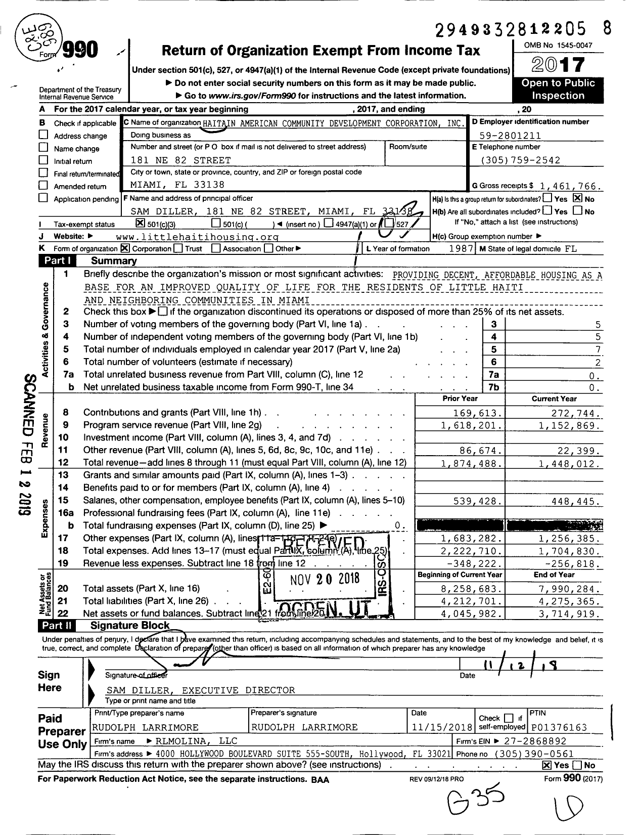 Image of first page of 2017 Form 990 for Little Haiti Housing Association (HACDC)