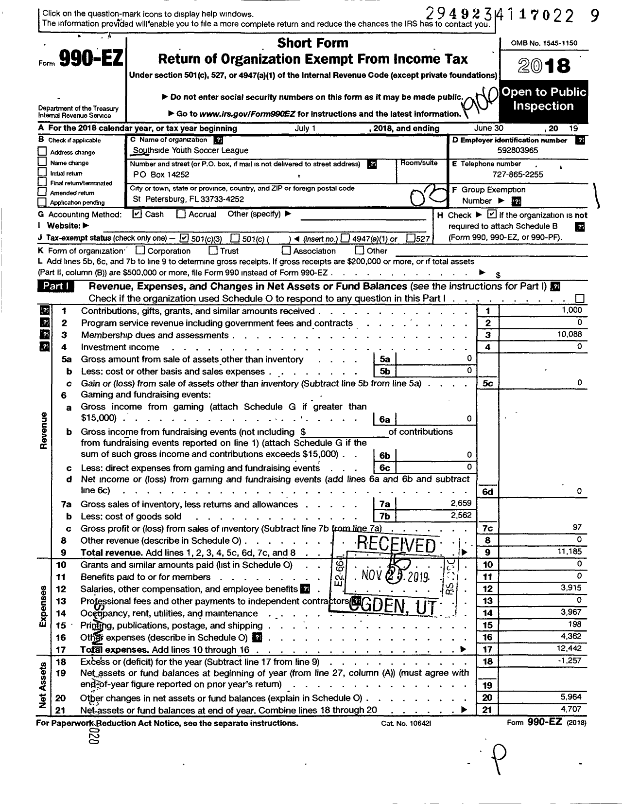 Image of first page of 2018 Form 990EZ for Southside Youth Soccer League