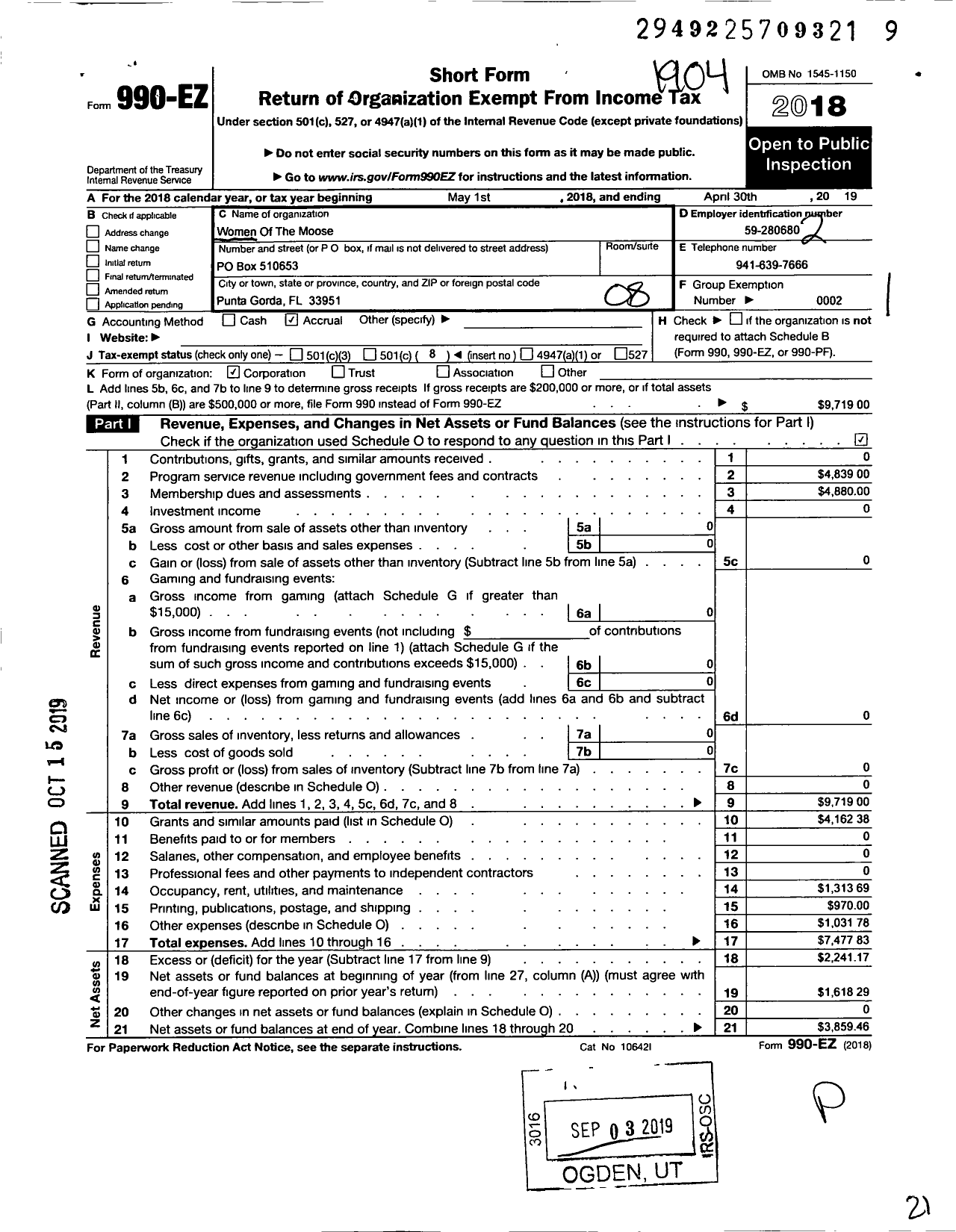 Image of first page of 2018 Form 990EO for Loyal Order of Moose - 777