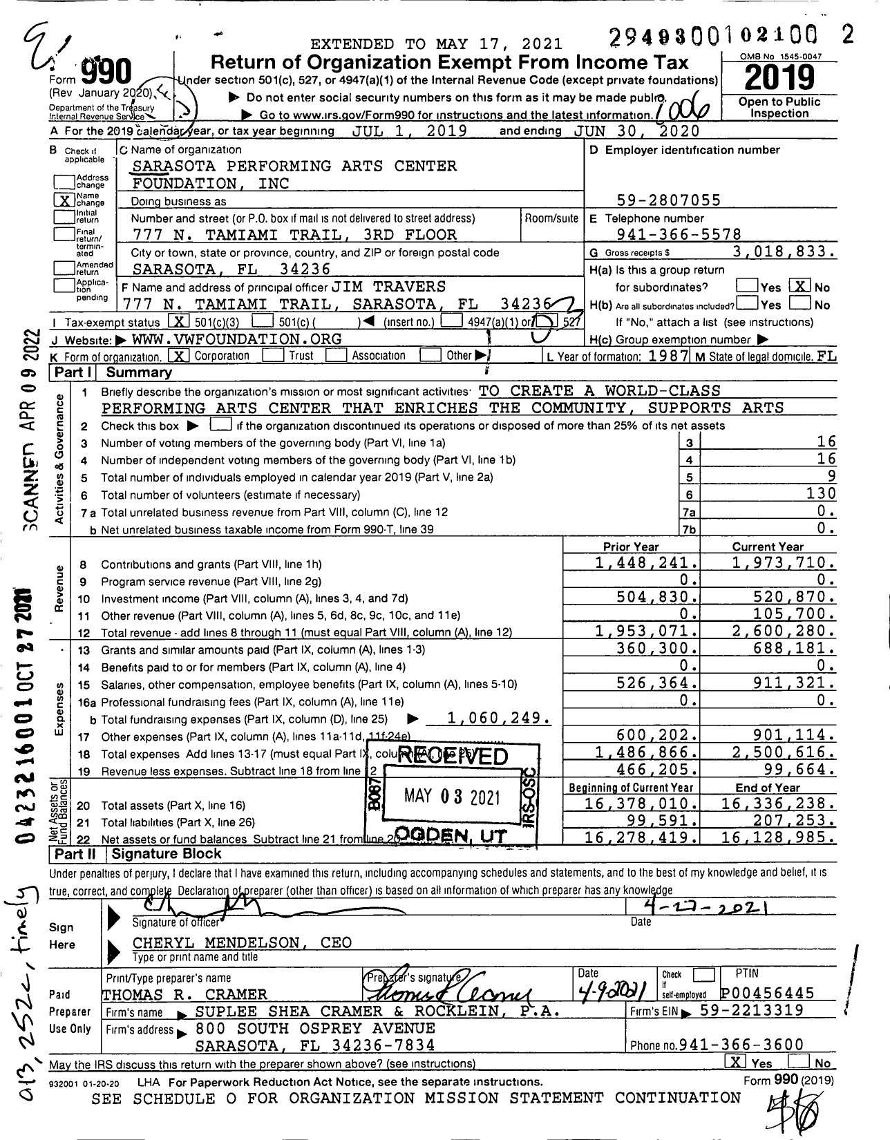 Image of first page of 2019 Form 990 for Van Wezel Foundation