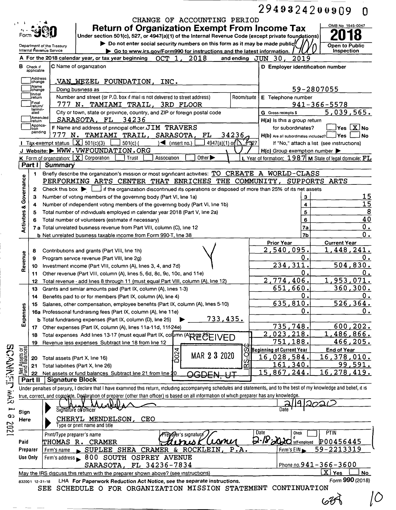 Image of first page of 2018 Form 990 for Van Wezel Foundation