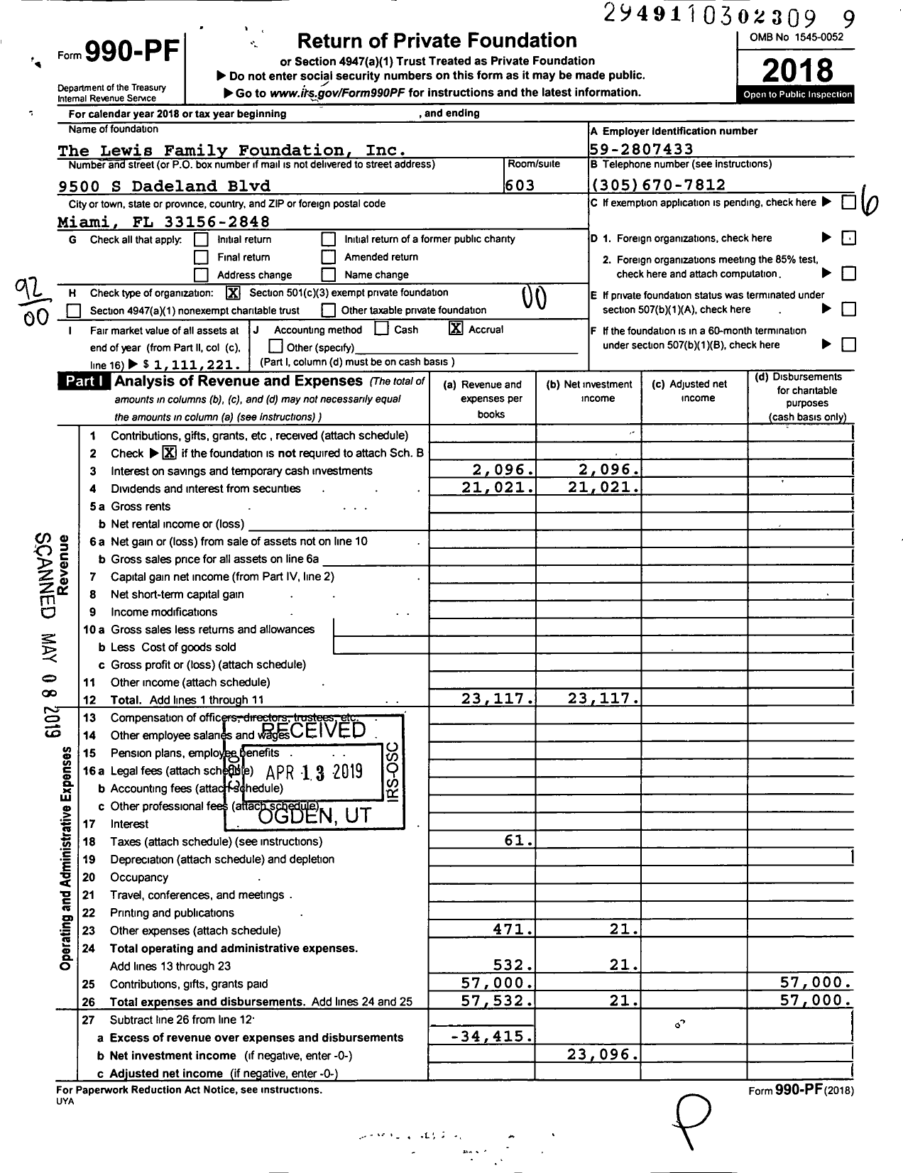 Image of first page of 2018 Form 990PF for The Lewis Family Foundation