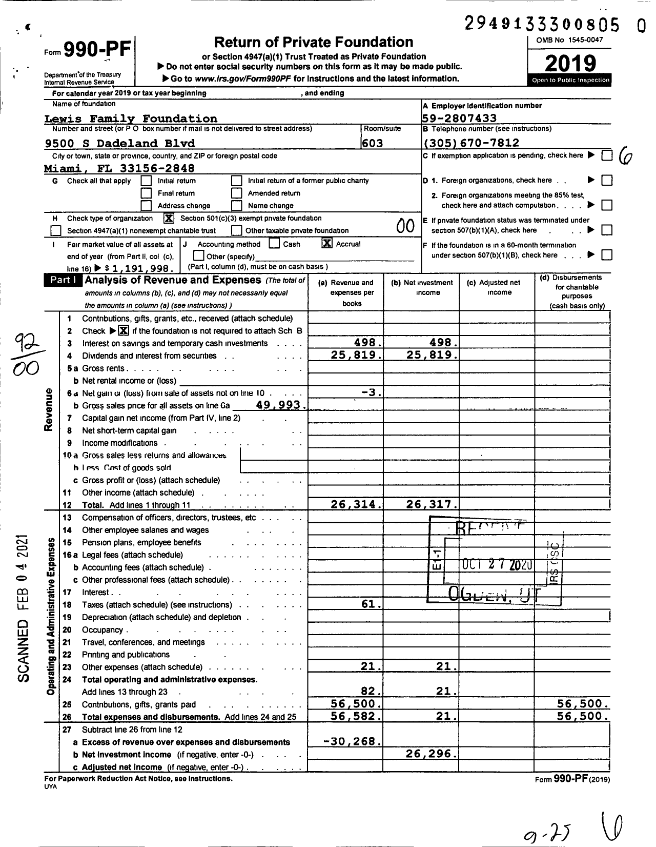 Image of first page of 2019 Form 990PF for The Lewis Family Foundation