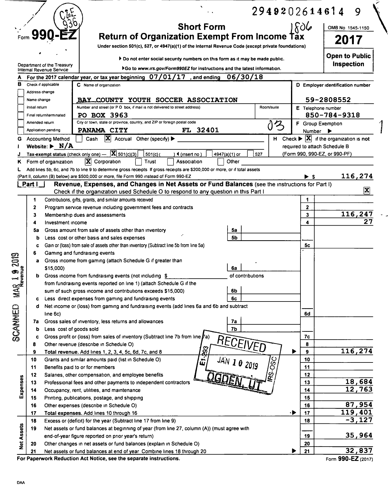 Image of first page of 2017 Form 990EZ for Bay County Youth Soccer Association