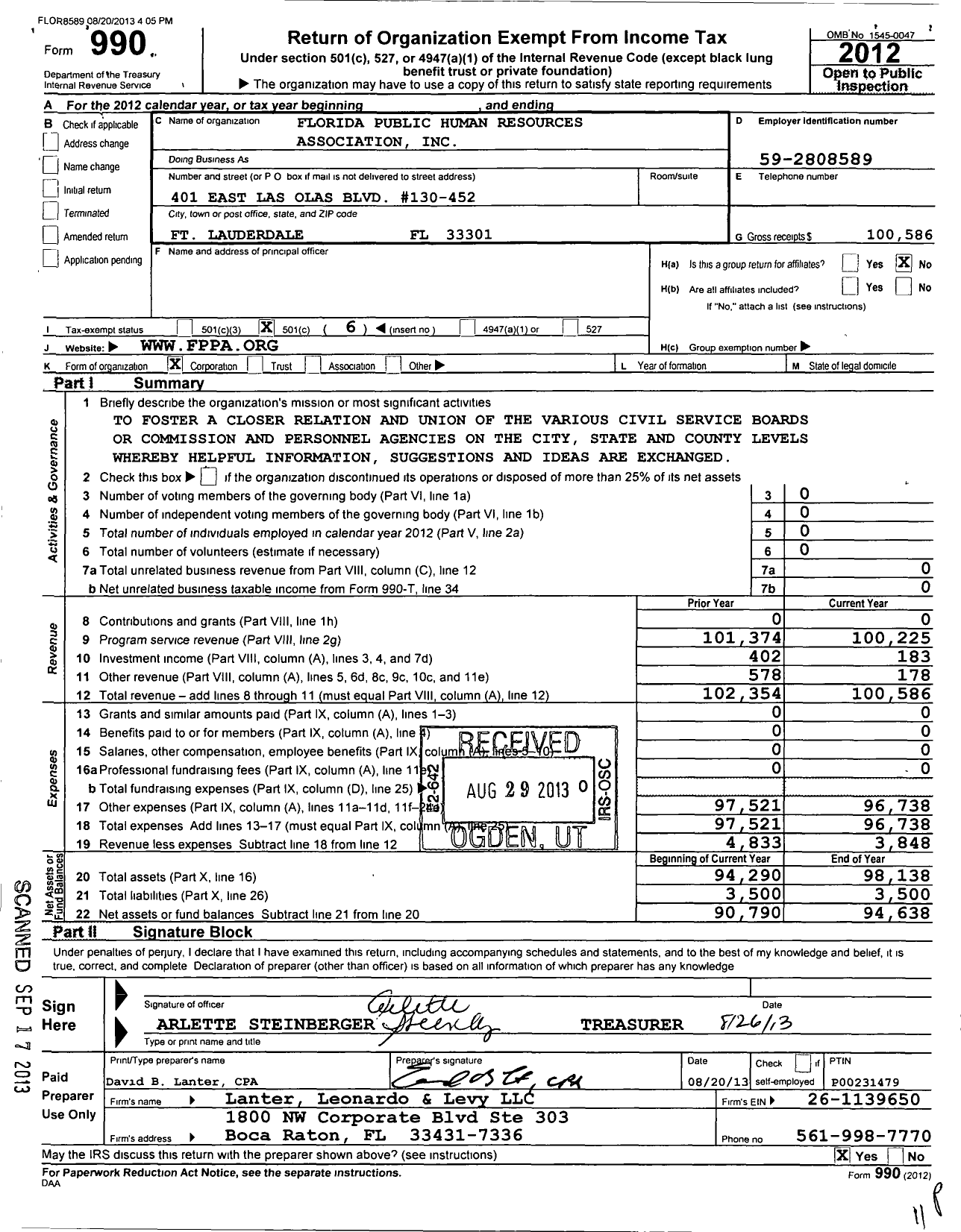 Image of first page of 2012 Form 990O for Florida Public Human Resources Association