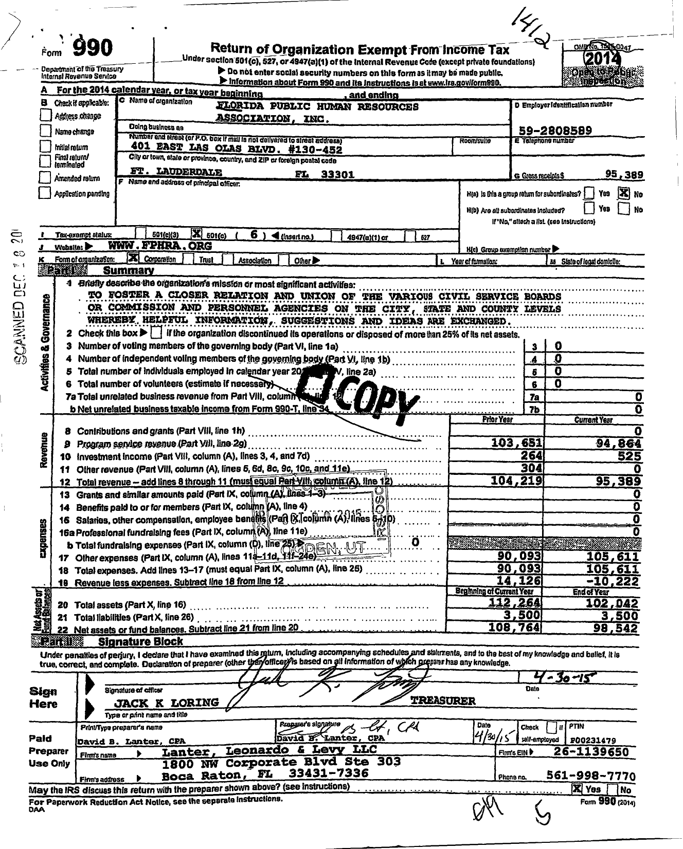 Image of first page of 2014 Form 990O for Florida Public Human Resources Association