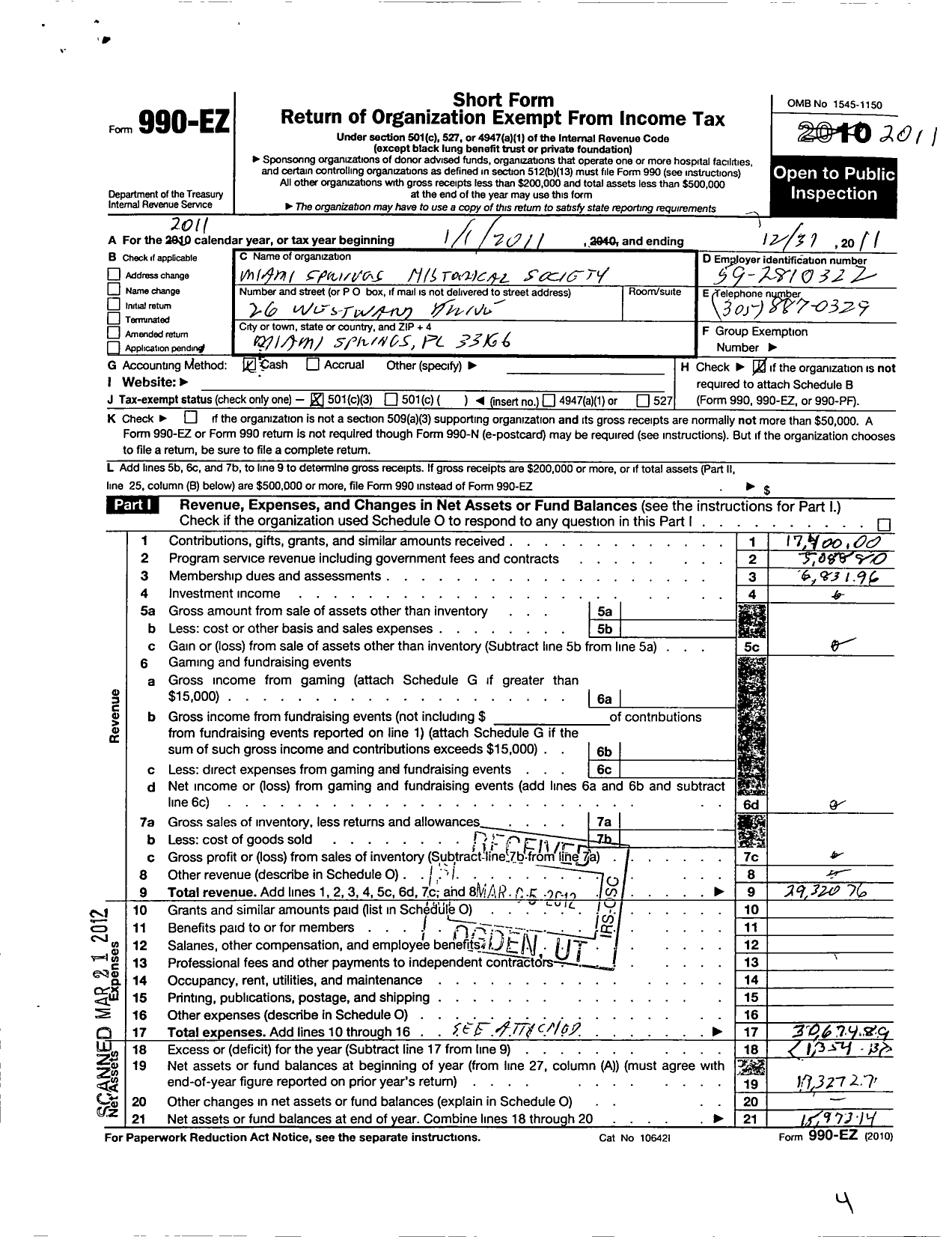 Image of first page of 2011 Form 990EZ for Miami Springs Historical Society