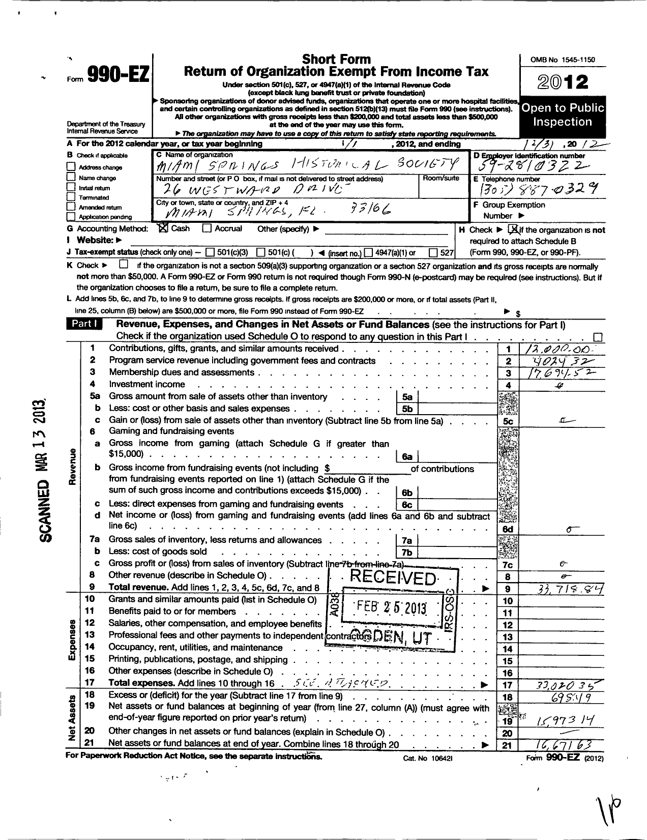 Image of first page of 2012 Form 990EO for Miami Springs Historical Society