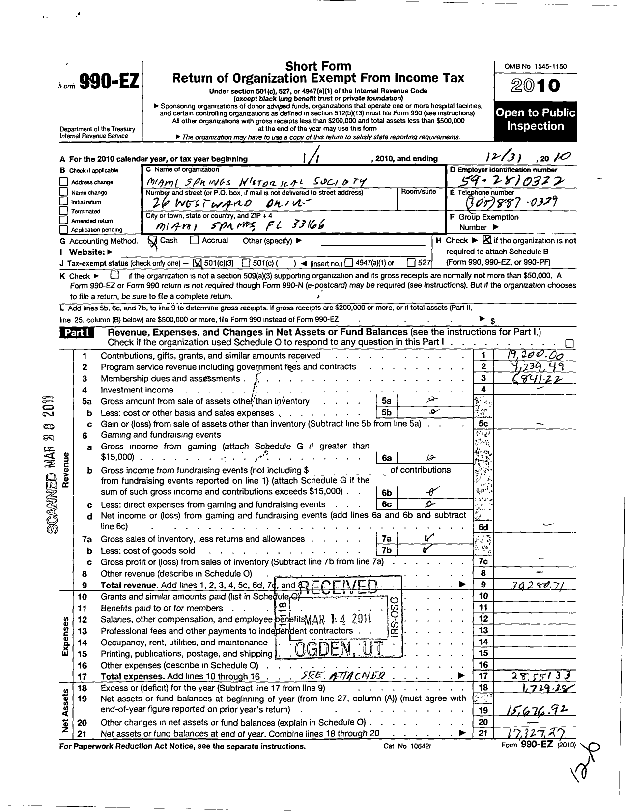 Image of first page of 2010 Form 990EZ for Miami Springs Historical Society