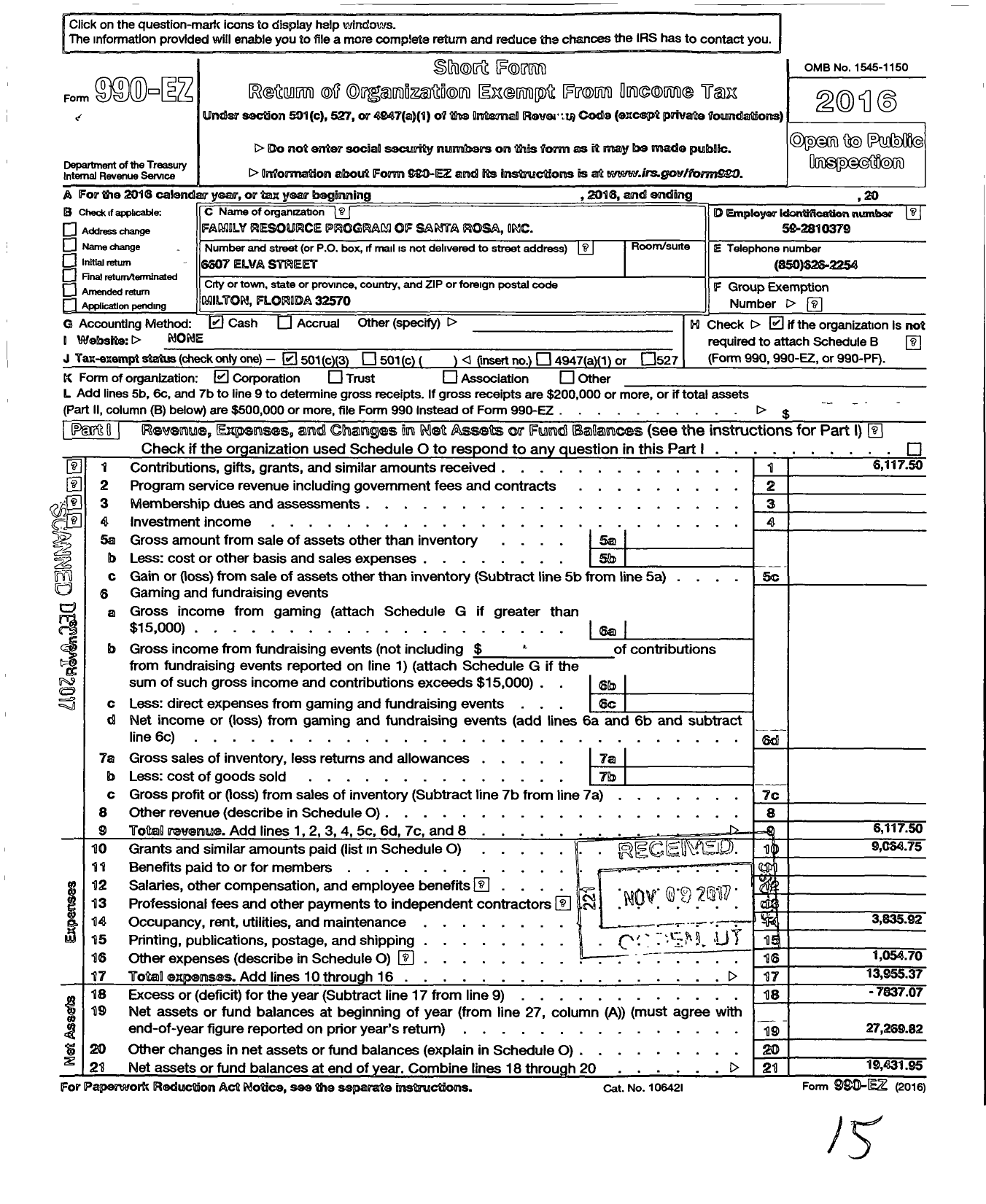 Image of first page of 2016 Form 990EZ for Family Resource Program of Santa Rosa