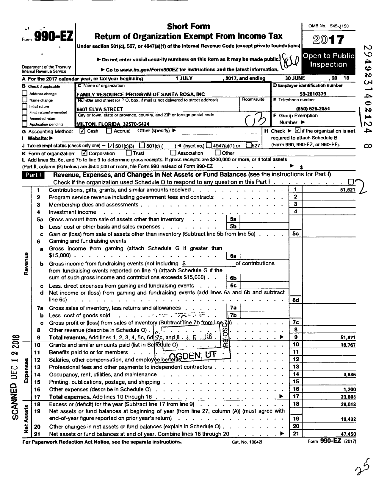 Image of first page of 2017 Form 990EZ for Family Resource Program of Santa Rosa