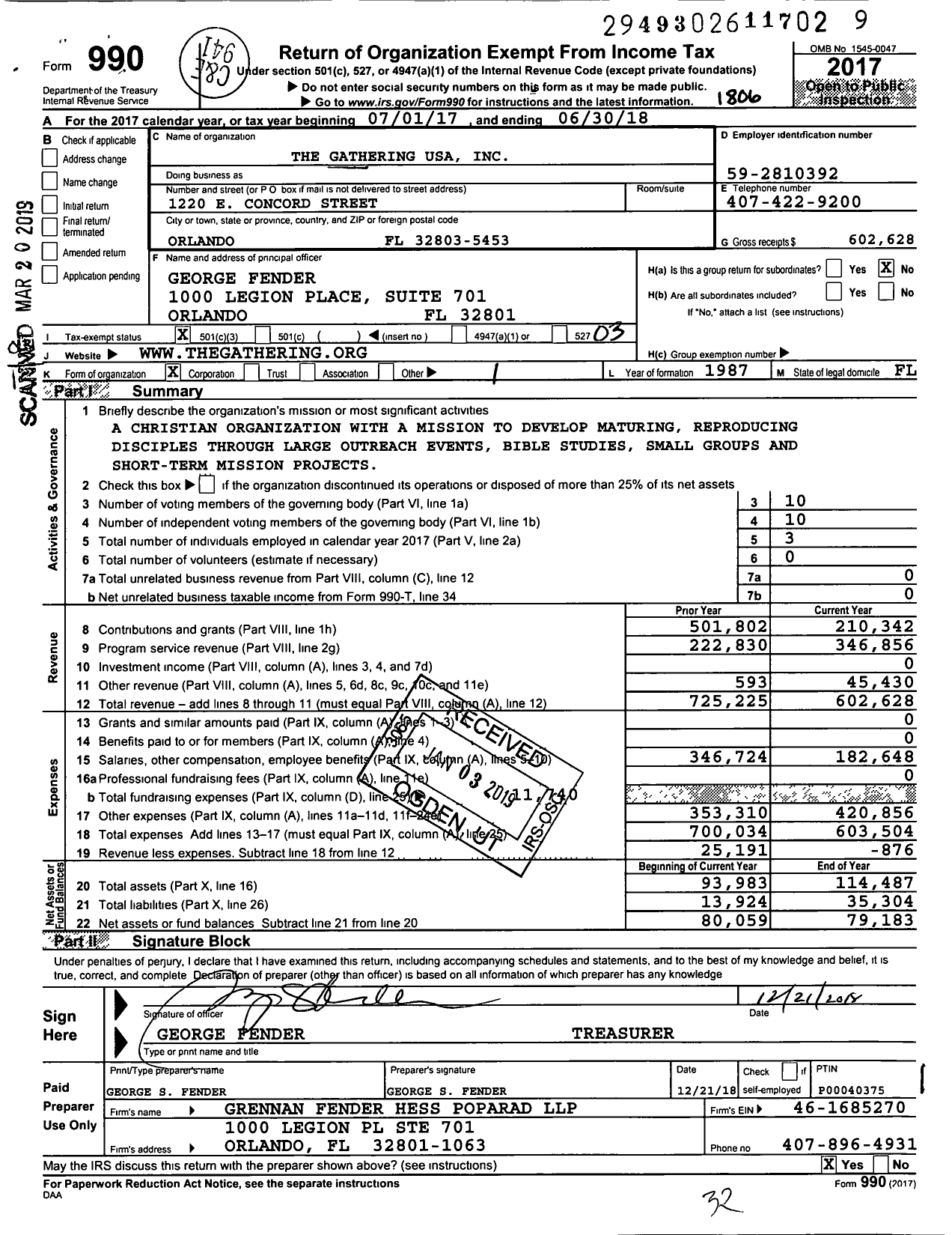 Image of first page of 2017 Form 990 for The Gathering USA