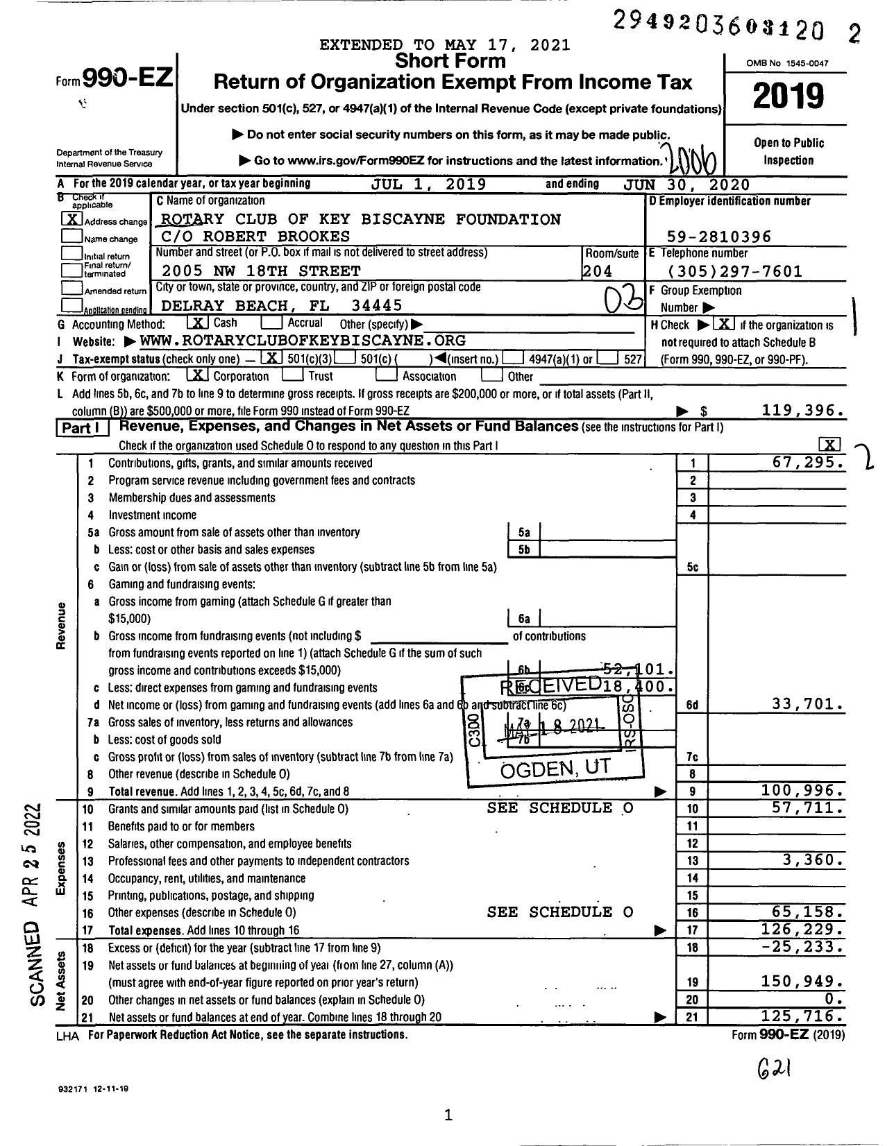 Image of first page of 2019 Form 990EZ for Rotary Club of Key Biscayne Foundation