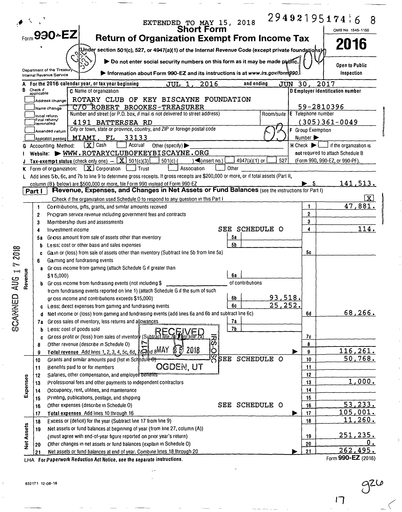 Image of first page of 2016 Form 990EZ for Rotary Club of Key Biscayne Foundation