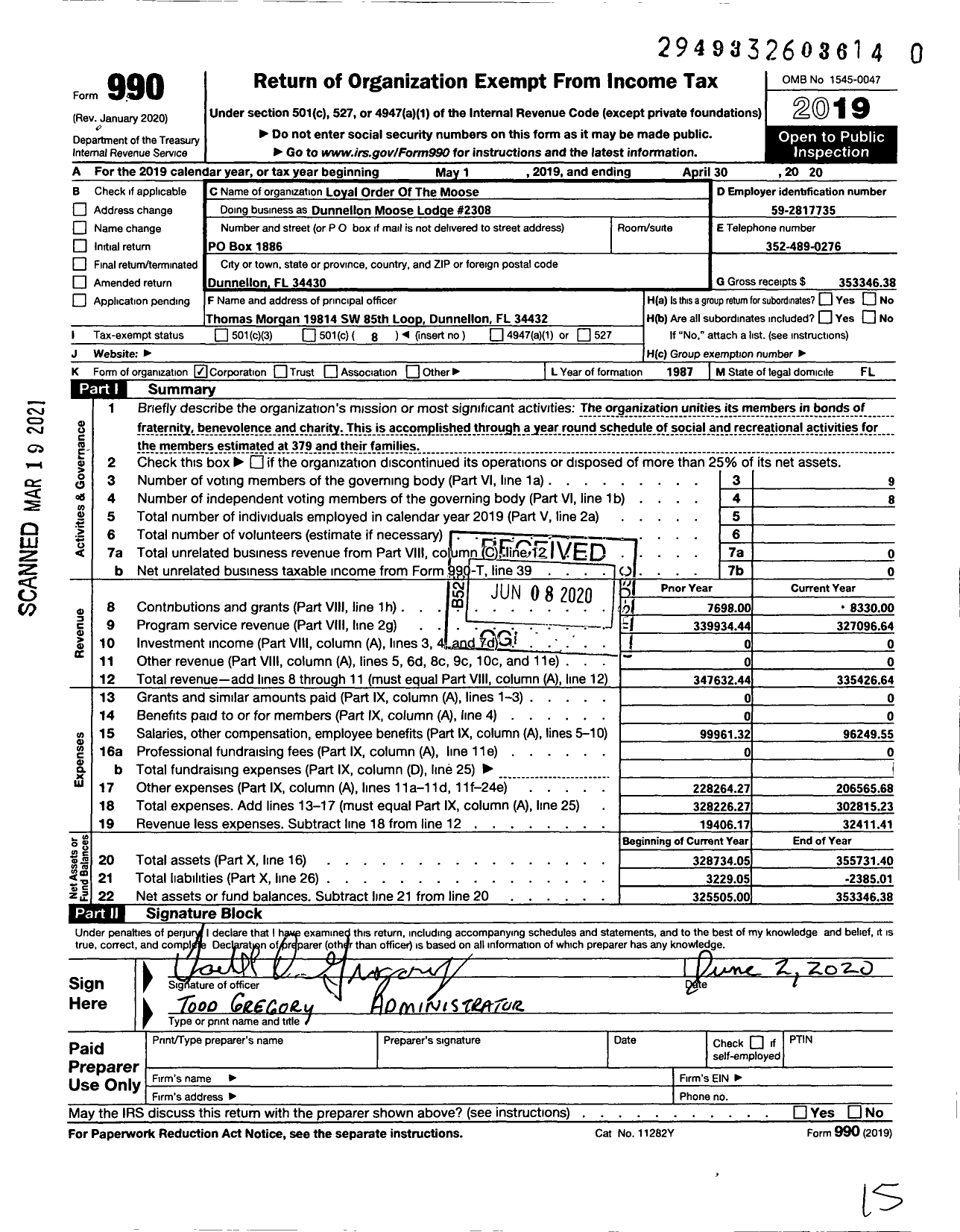 Image of first page of 2019 Form 990O for Loyal Order of Moose - Dunnellon Moose Lodge #2308