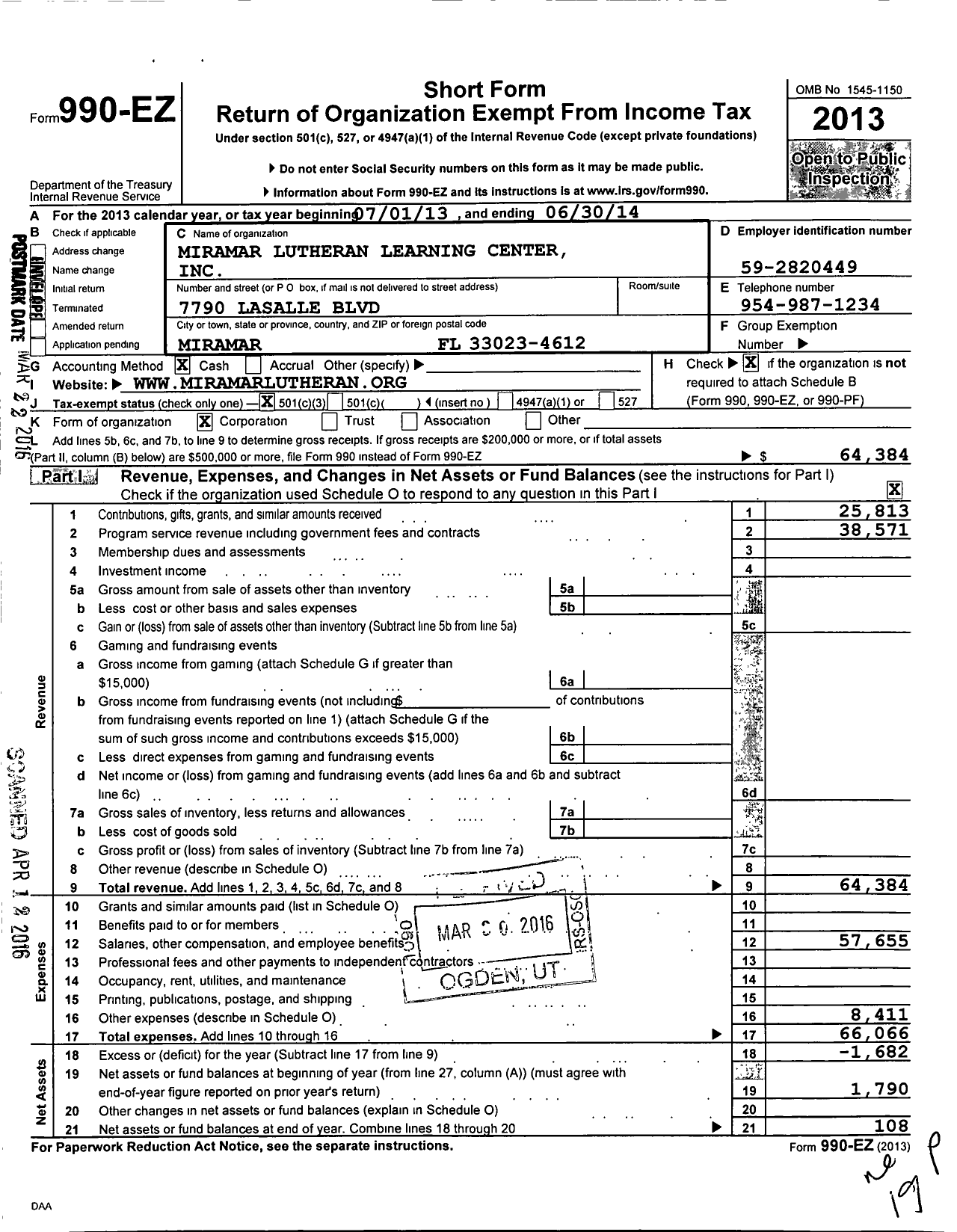 Image of first page of 2013 Form 990EZ for Miramar Lutheran Learning Center