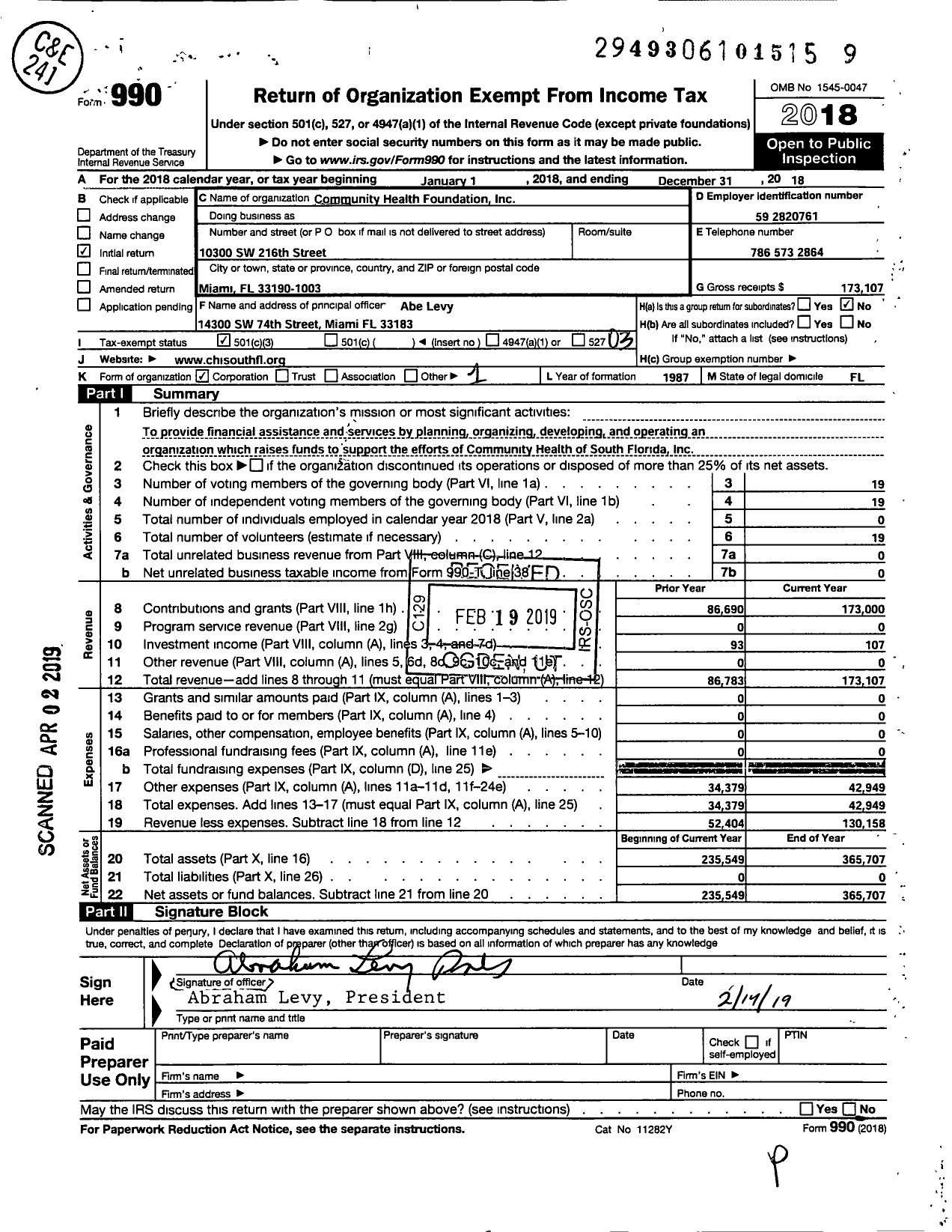 Image of first page of 2018 Form 990 for Community Health Foundation