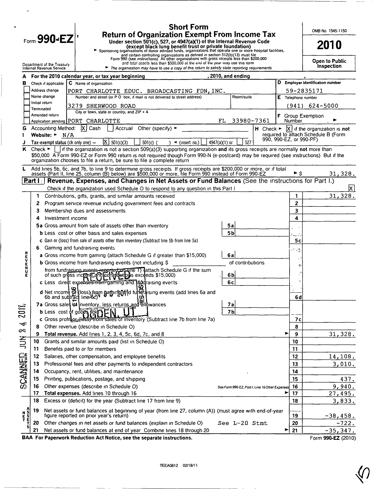 Image of first page of 2010 Form 990EZ for Port Charlotte Educational Broadcasting Foundation