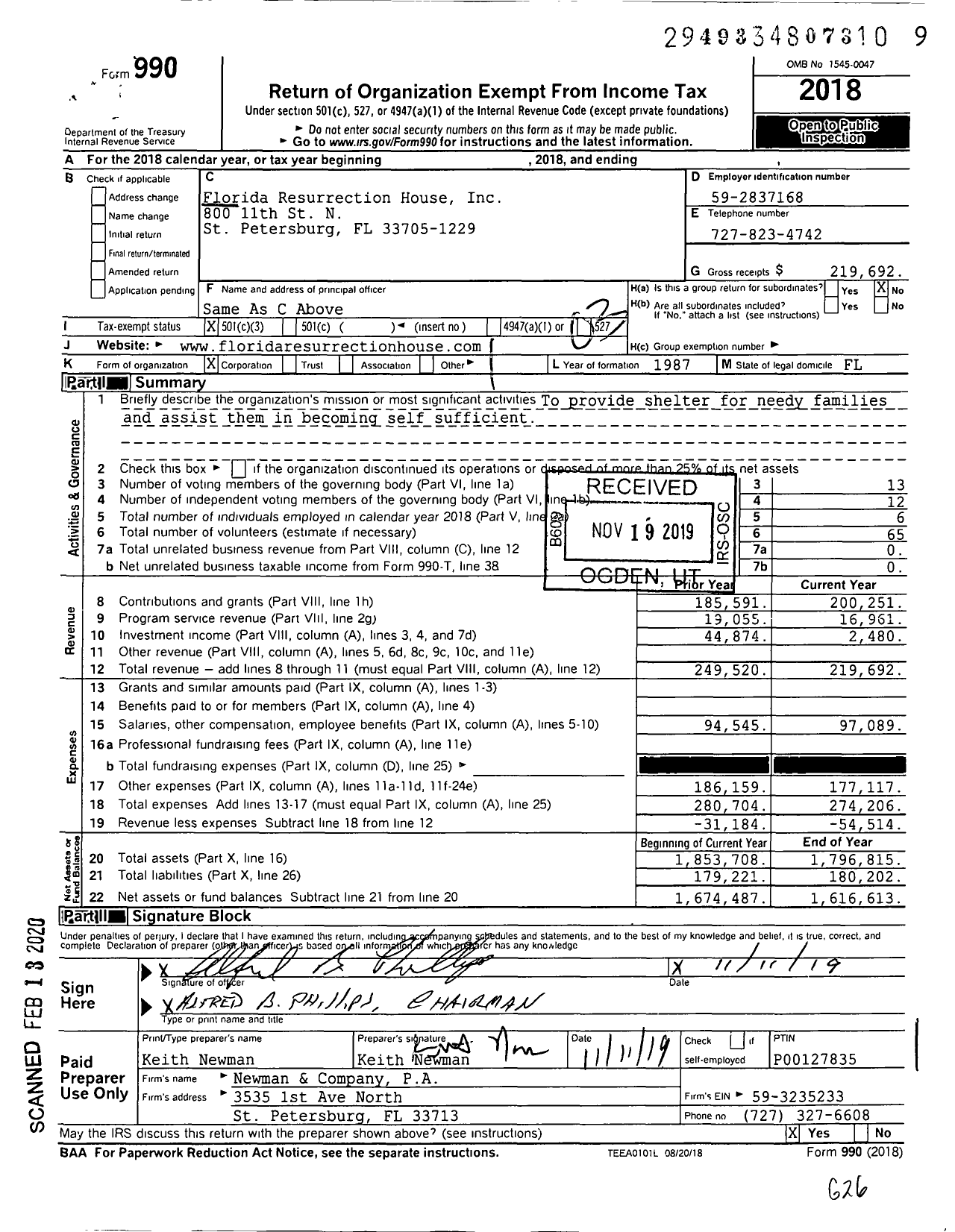 Image of first page of 2018 Form 990 for Florida Resurrection House