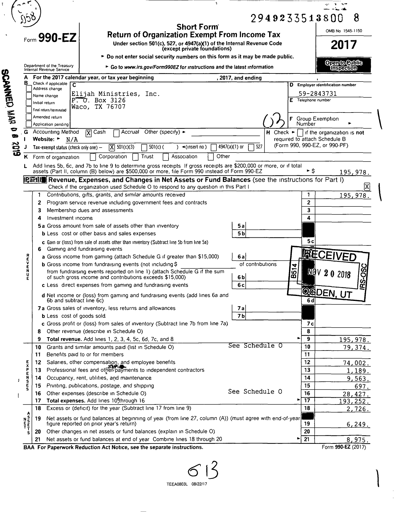 Image of first page of 2017 Form 990EZ for Elijah Ministries