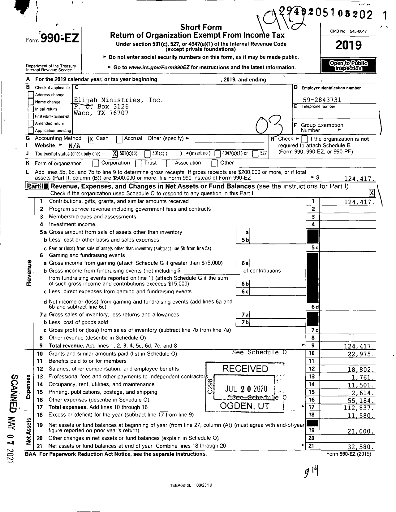 Image of first page of 2019 Form 990EZ for Elijah Ministries