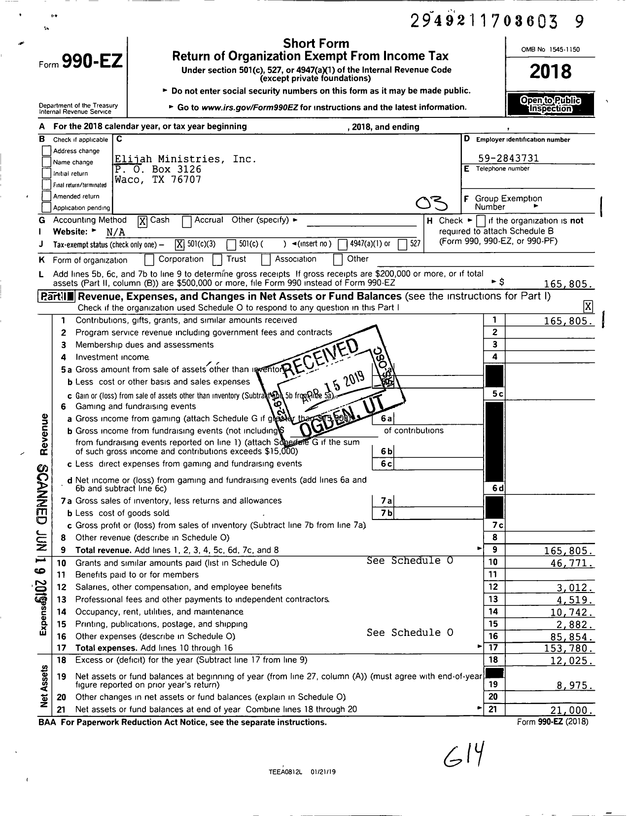 Image of first page of 2018 Form 990EZ for Elijah Ministries