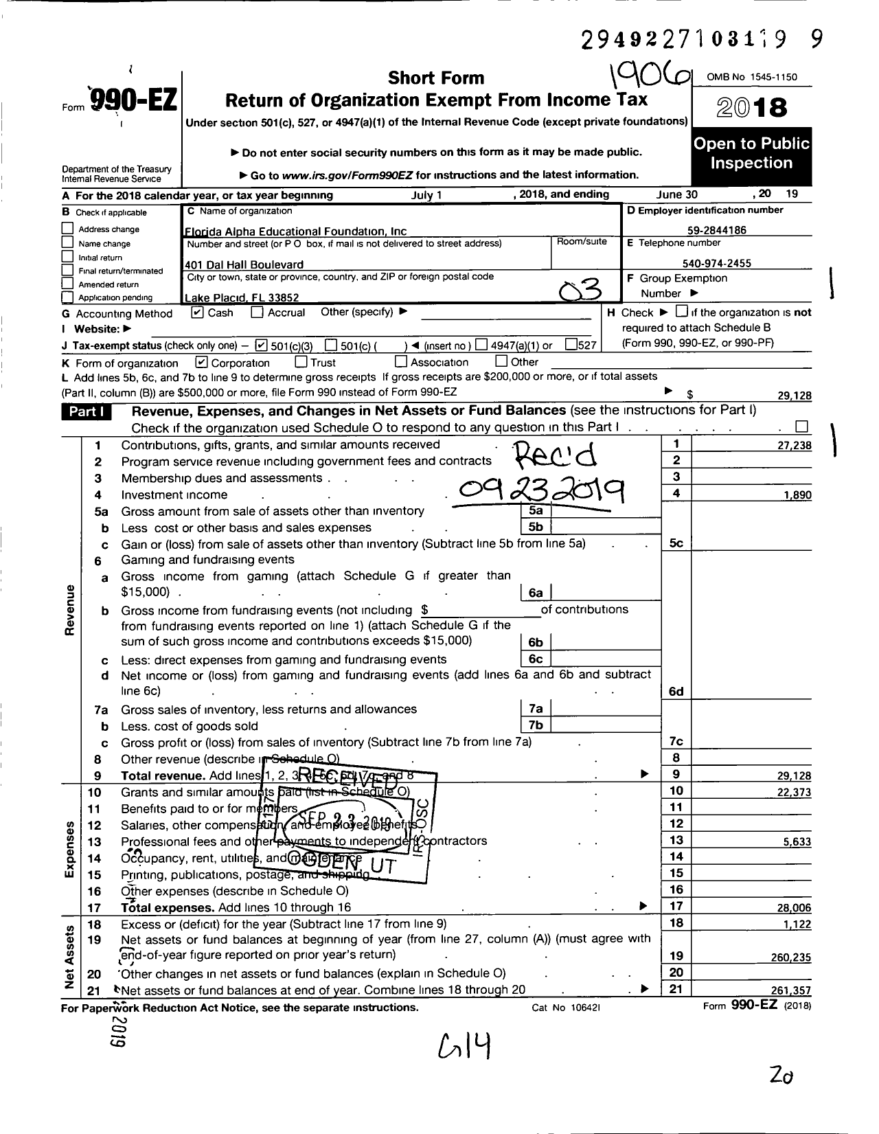 Image of first page of 2018 Form 990EZ for Florida Alpha Educational Foundation