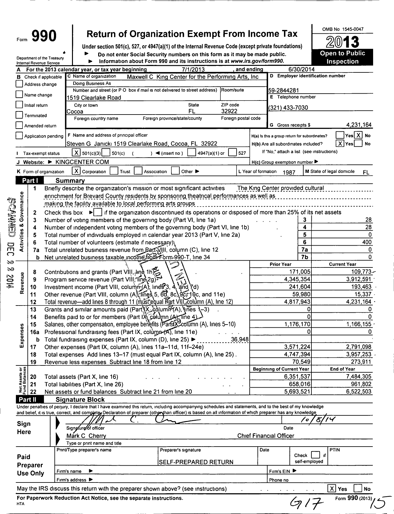 Image of first page of 2013 Form 990 for Maxwell C King Center for the Performing Arts