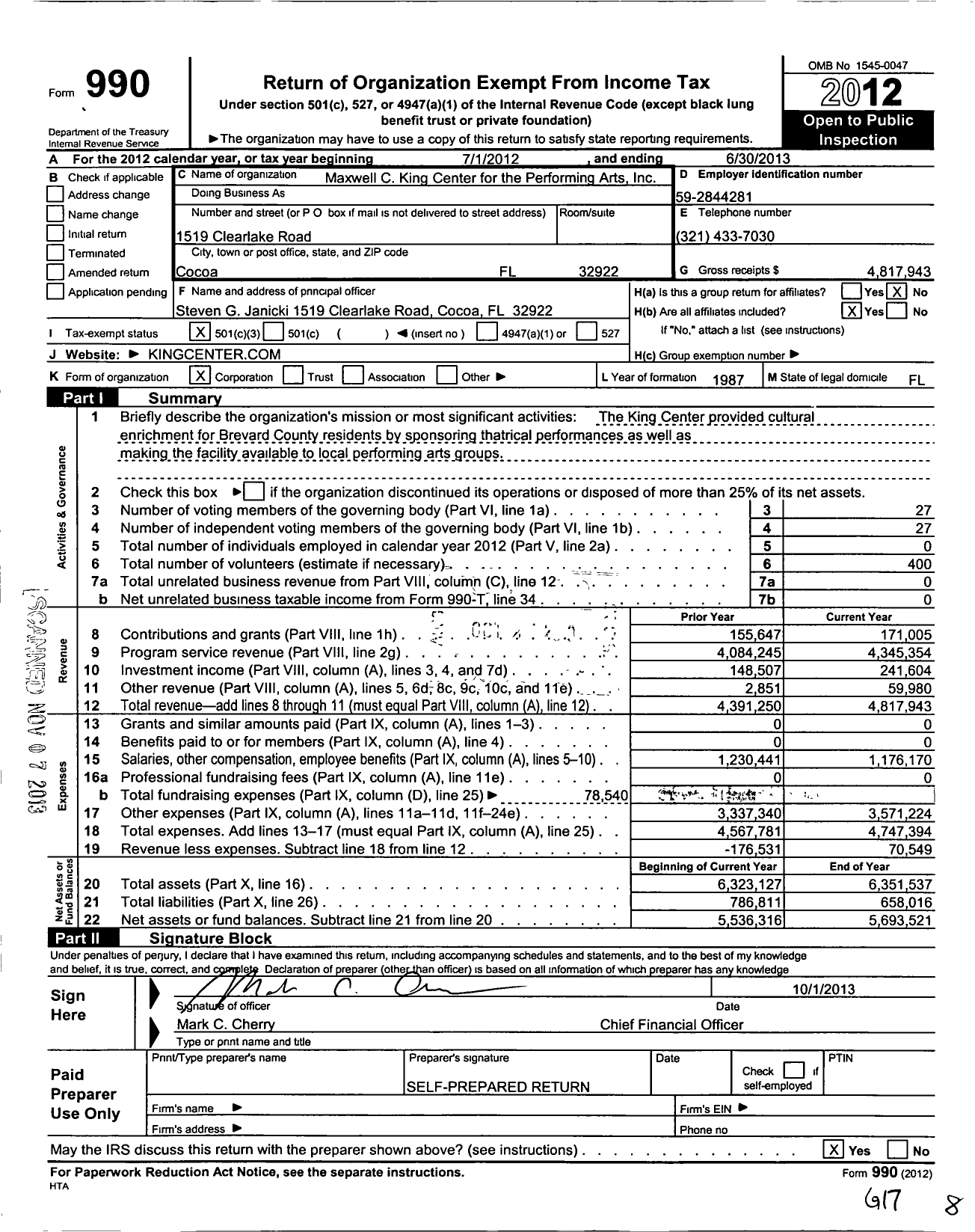Image of first page of 2012 Form 990 for Maxwell C King Center for the Performing Arts