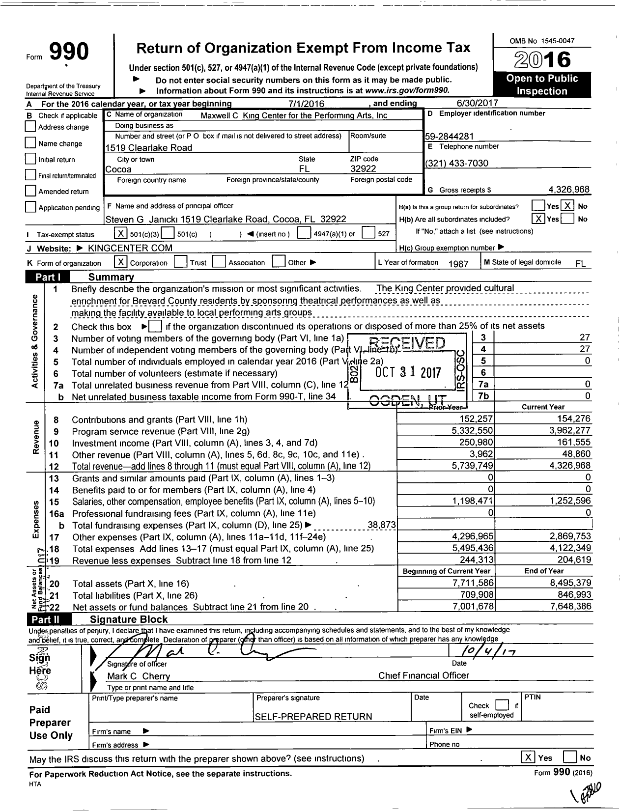 Image of first page of 2016 Form 990 for Maxwell C King Center for the Performing Arts