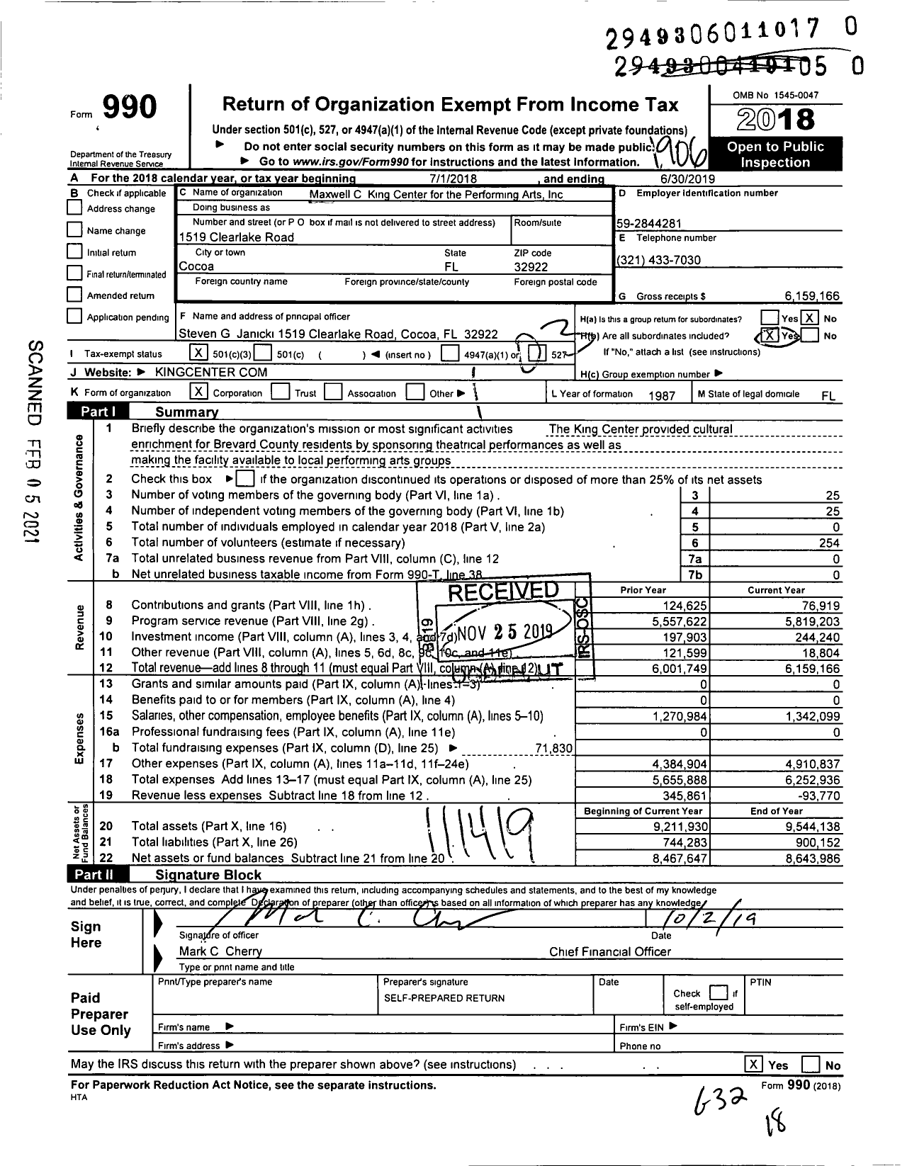 Image of first page of 2018 Form 990 for Maxwell C King Center for the Performing Arts