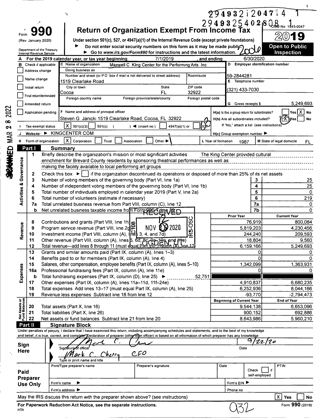 Image of first page of 2019 Form 990 for Maxwell C King Center for the Performing Arts