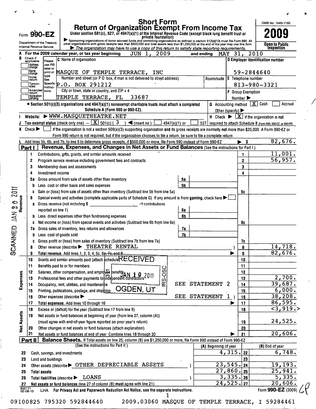 Image of first page of 2009 Form 990EZ for Masque of Temple Terrace