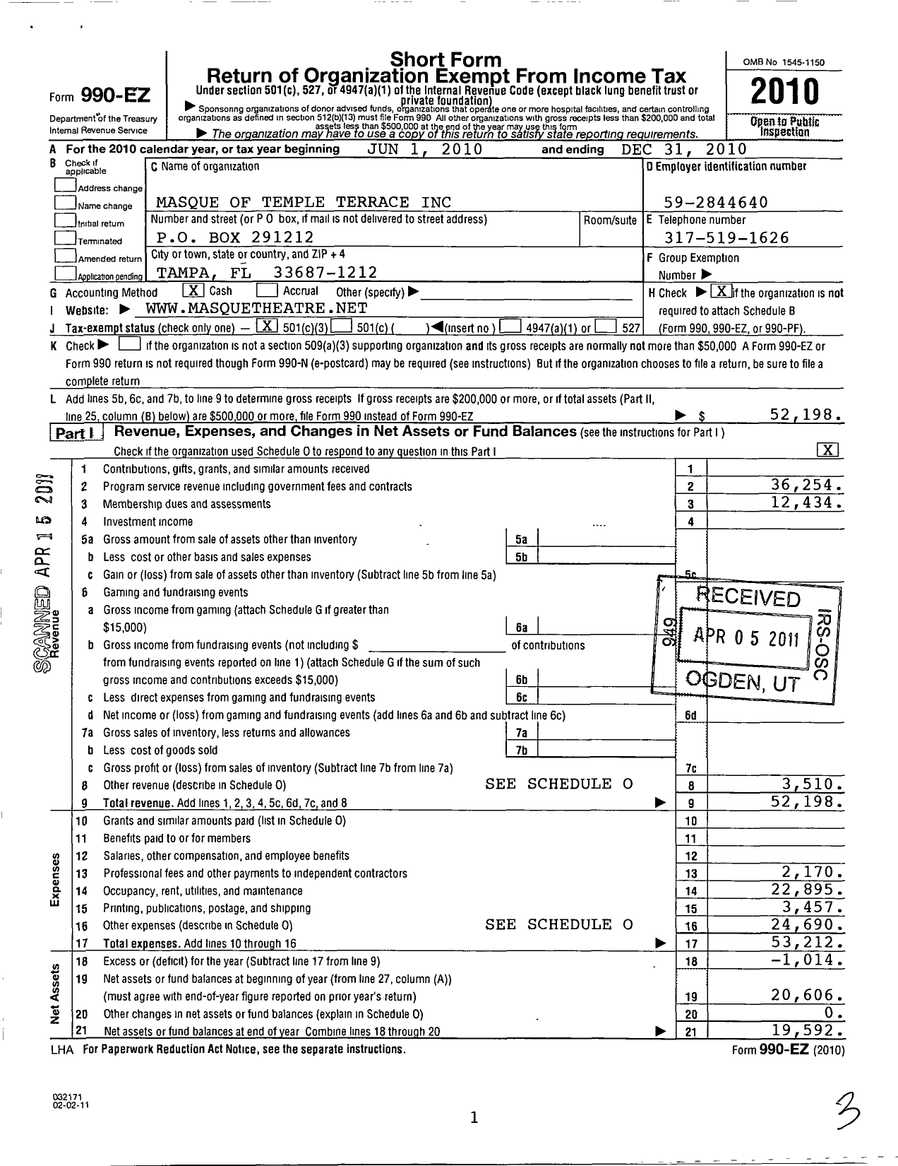 Image of first page of 2010 Form 990EZ for Masque of Temple Terrace