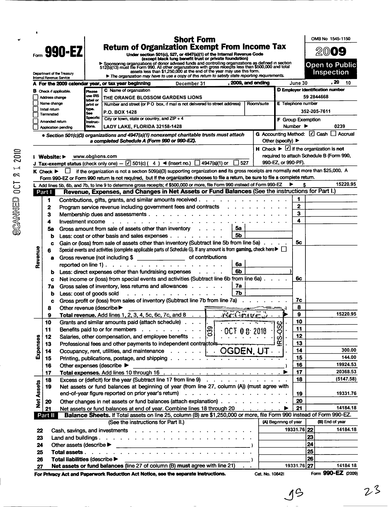 Image of first page of 2009 Form 990EO for Lions Clubs - 47000 Lady LK Orange Blossom Garden