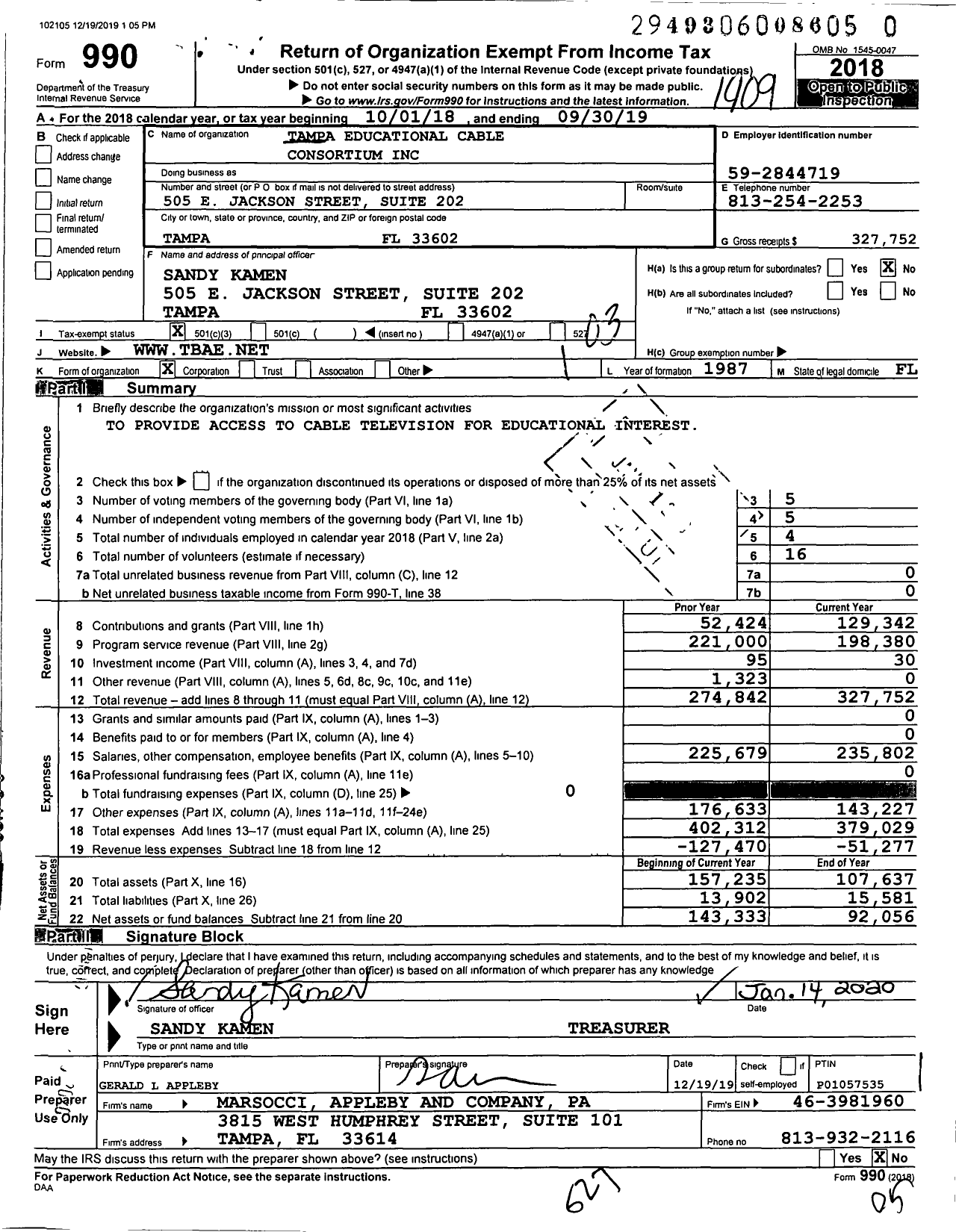 Image of first page of 2018 Form 990 for Tampa Educational Cable Consortium