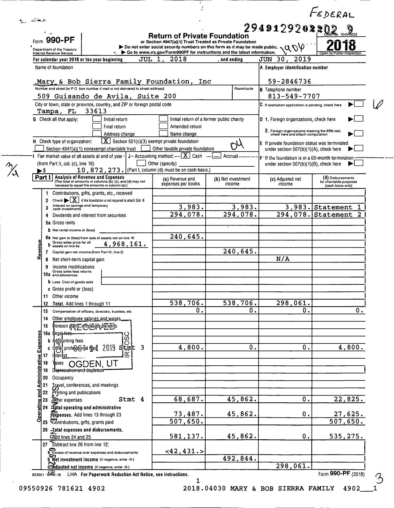 Image of first page of 2018 Form 990PF for Mary and Bob Sierra Family Foundation