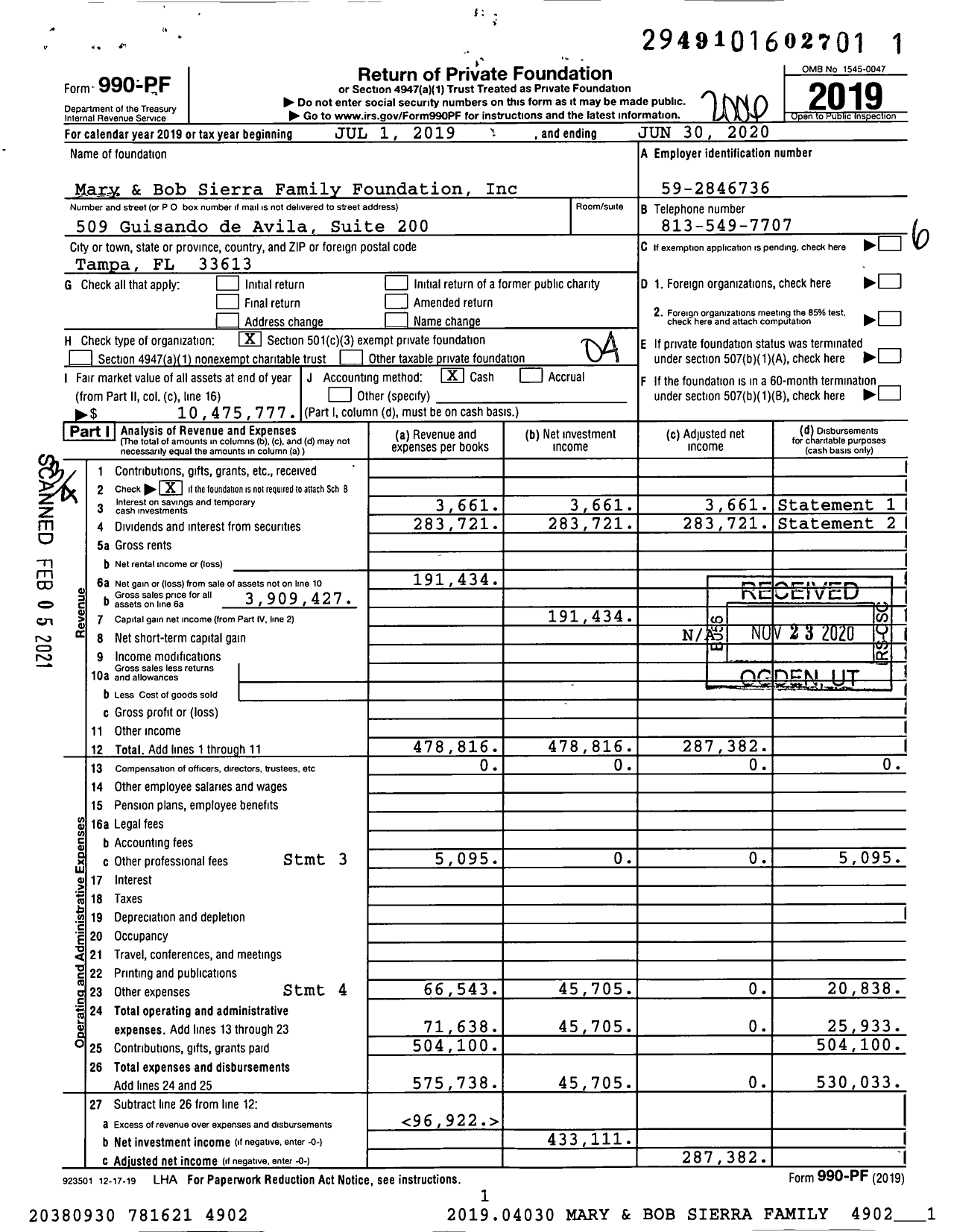 Image of first page of 2019 Form 990PF for Mary and Bob Sierra Family Foundation