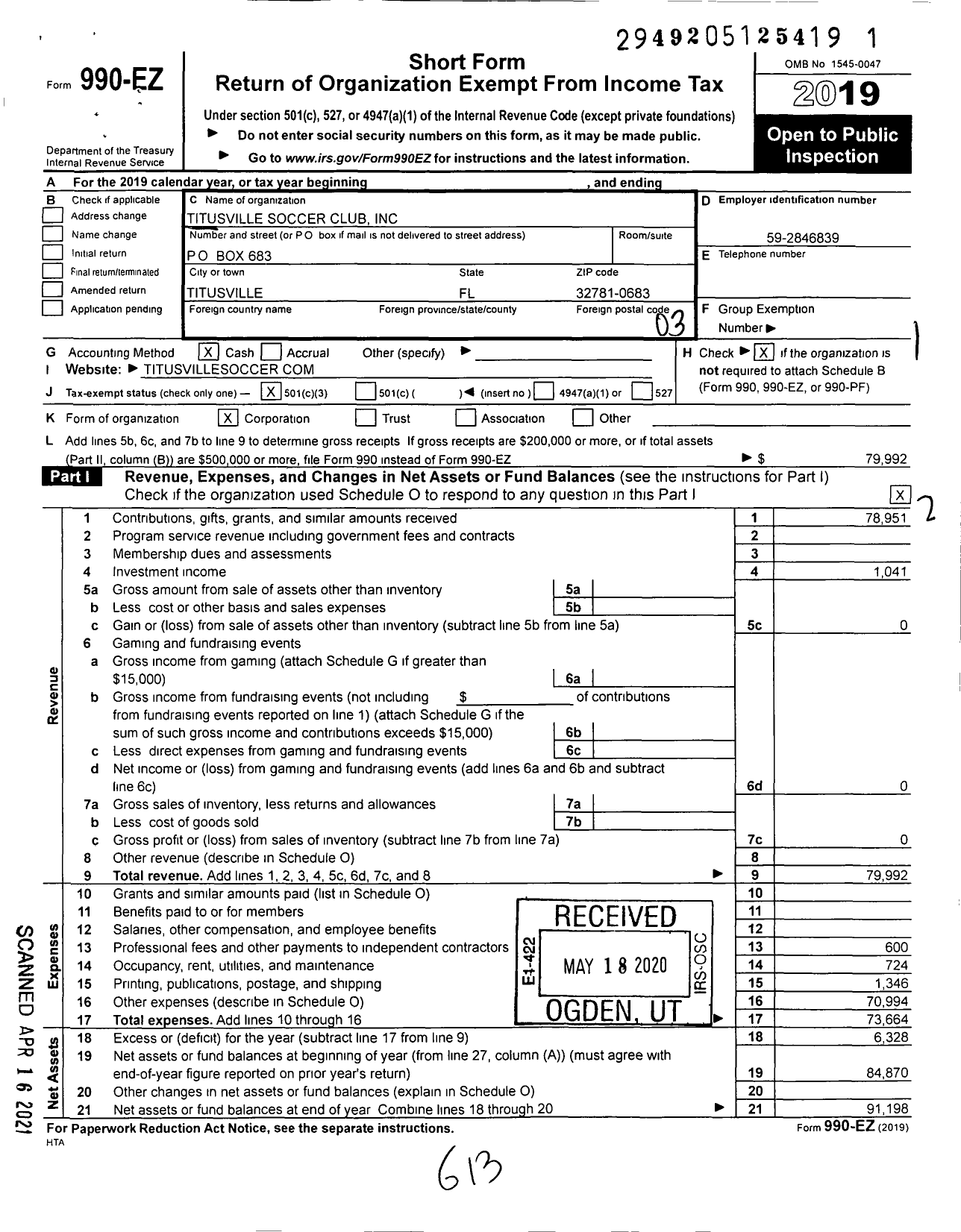 Image of first page of 2019 Form 990EZ for Titusville Soccer Club