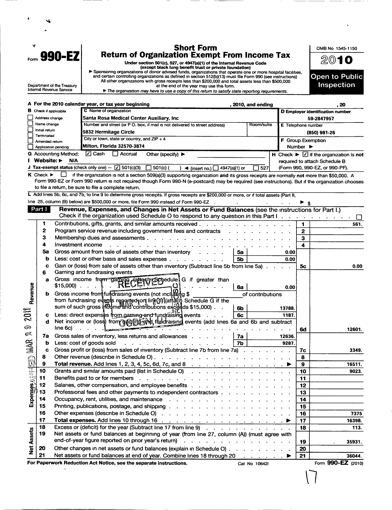 Image of first page of 2010 Form 990EZ for Santa Rosa Medical Center Auxiliary Incorporated