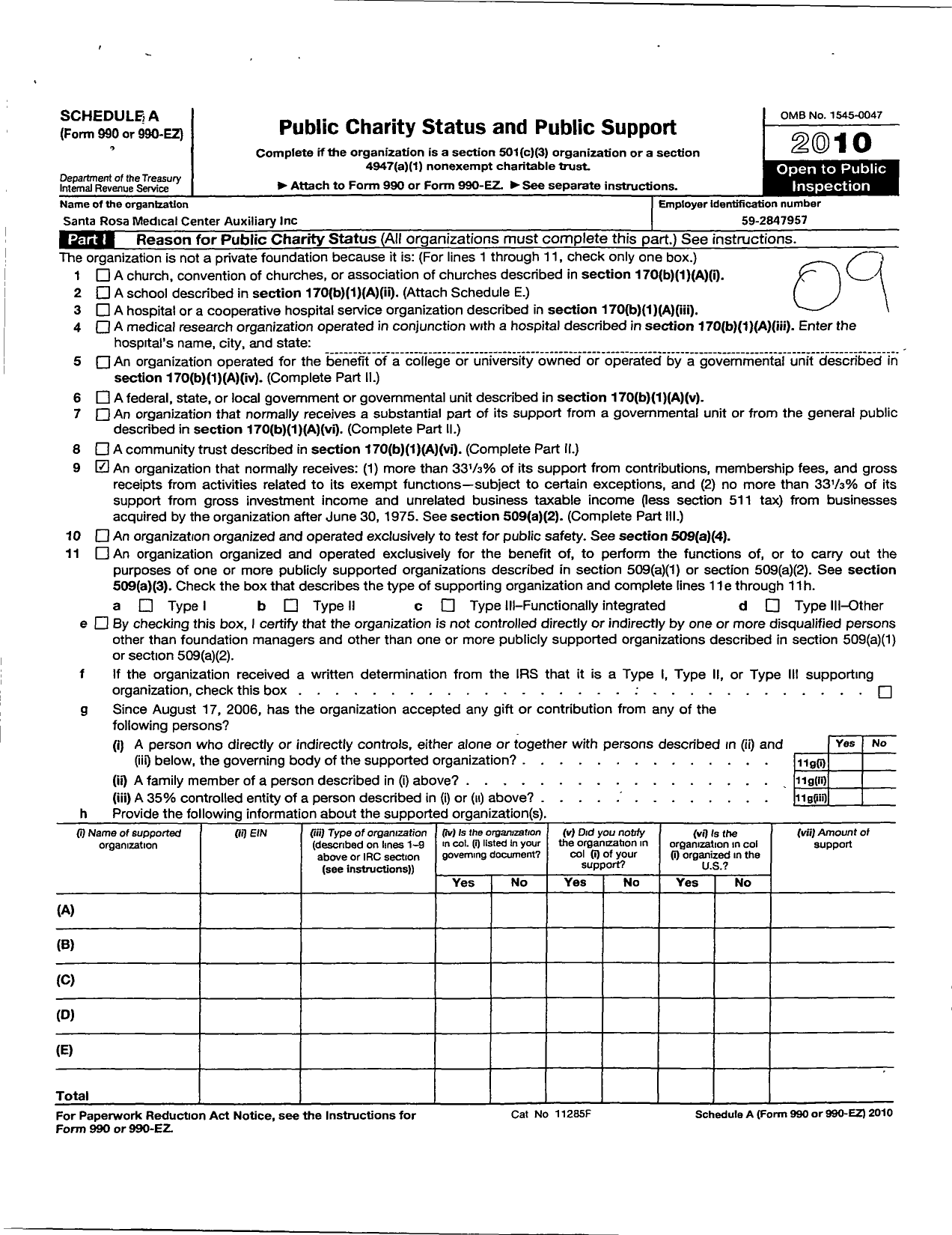 Image of first page of 2010 Form 990ER for Santa Rosa Medical Center Auxiliary Incorporated