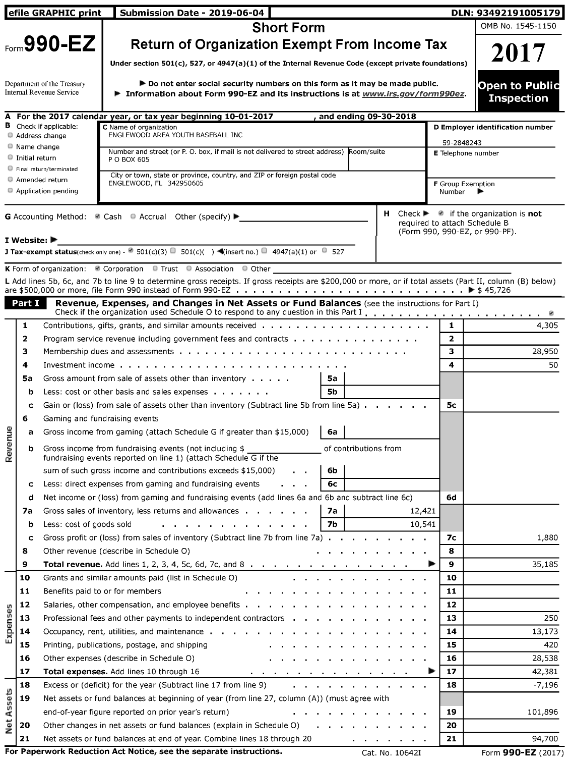 Image of first page of 2017 Form 990EZ for Englewood Area Youth Baseball