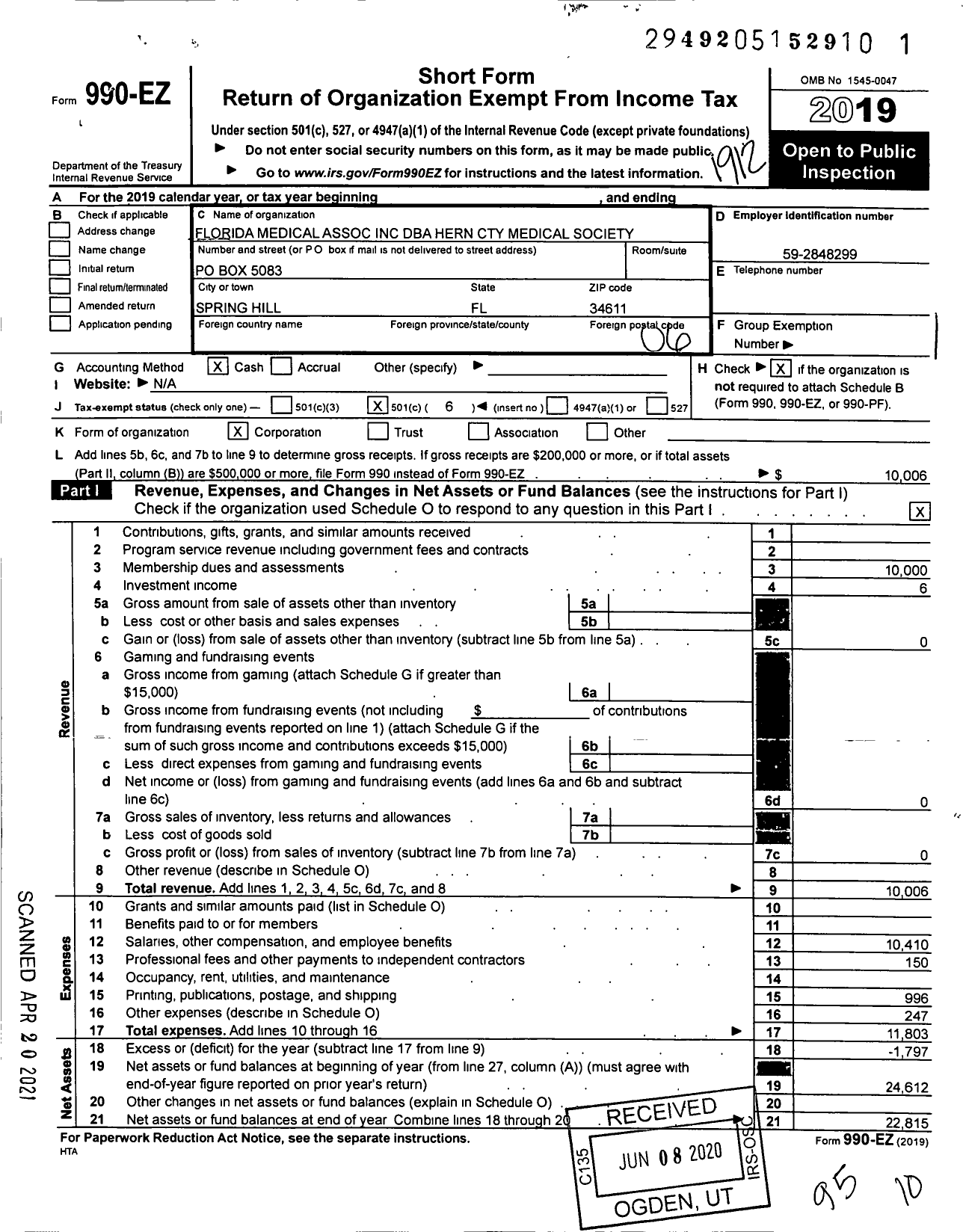 Image of first page of 2019 Form 990EO for Hernando County Medical Society