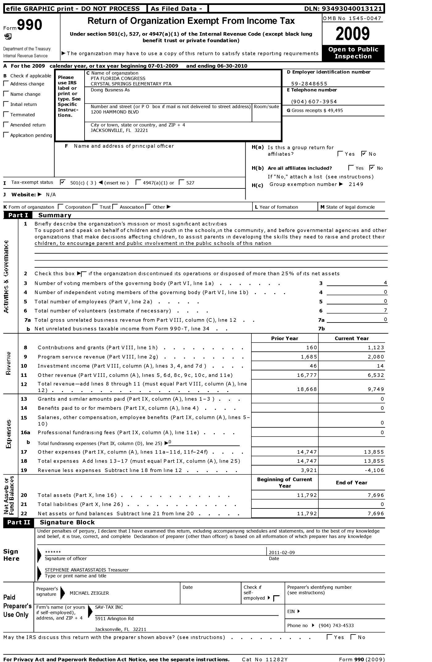 Image of first page of 2009 Form 990 for PTA Florida Congress - Crystal Springs Elementary PTA