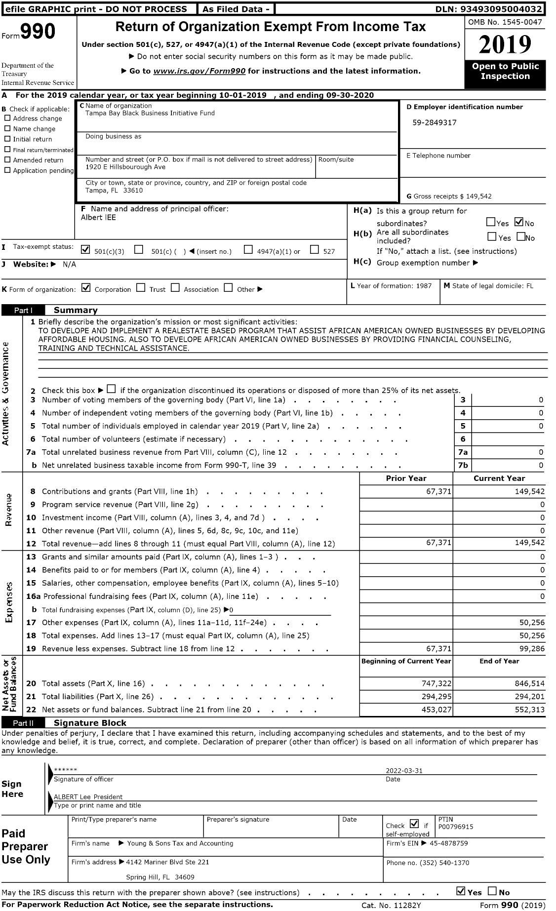 Image of first page of 2019 Form 990 for Tampa Bay Black Business Initiative Fund