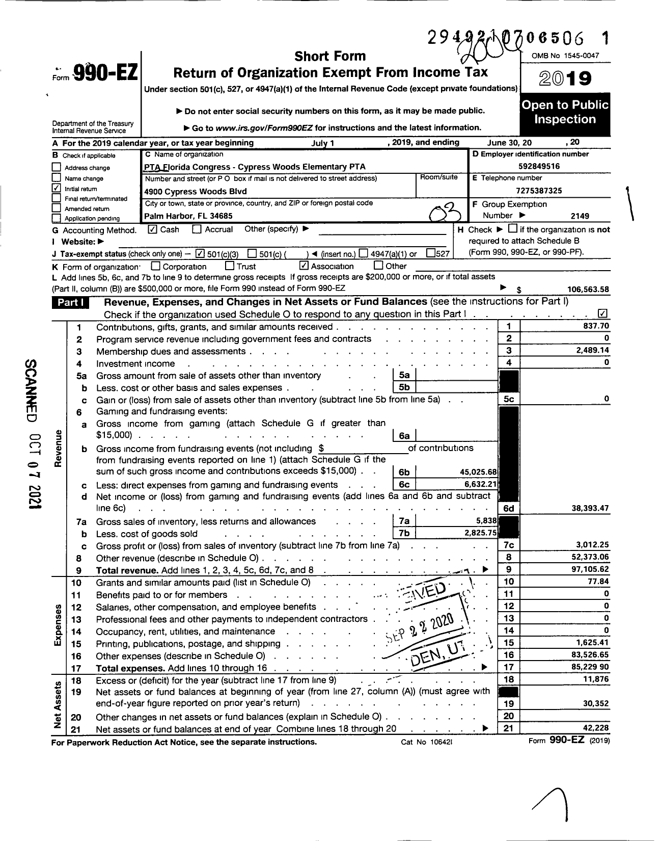 Image of first page of 2019 Form 990EZ for PTA Florida CONGRESS - Cypress Woods Elementary